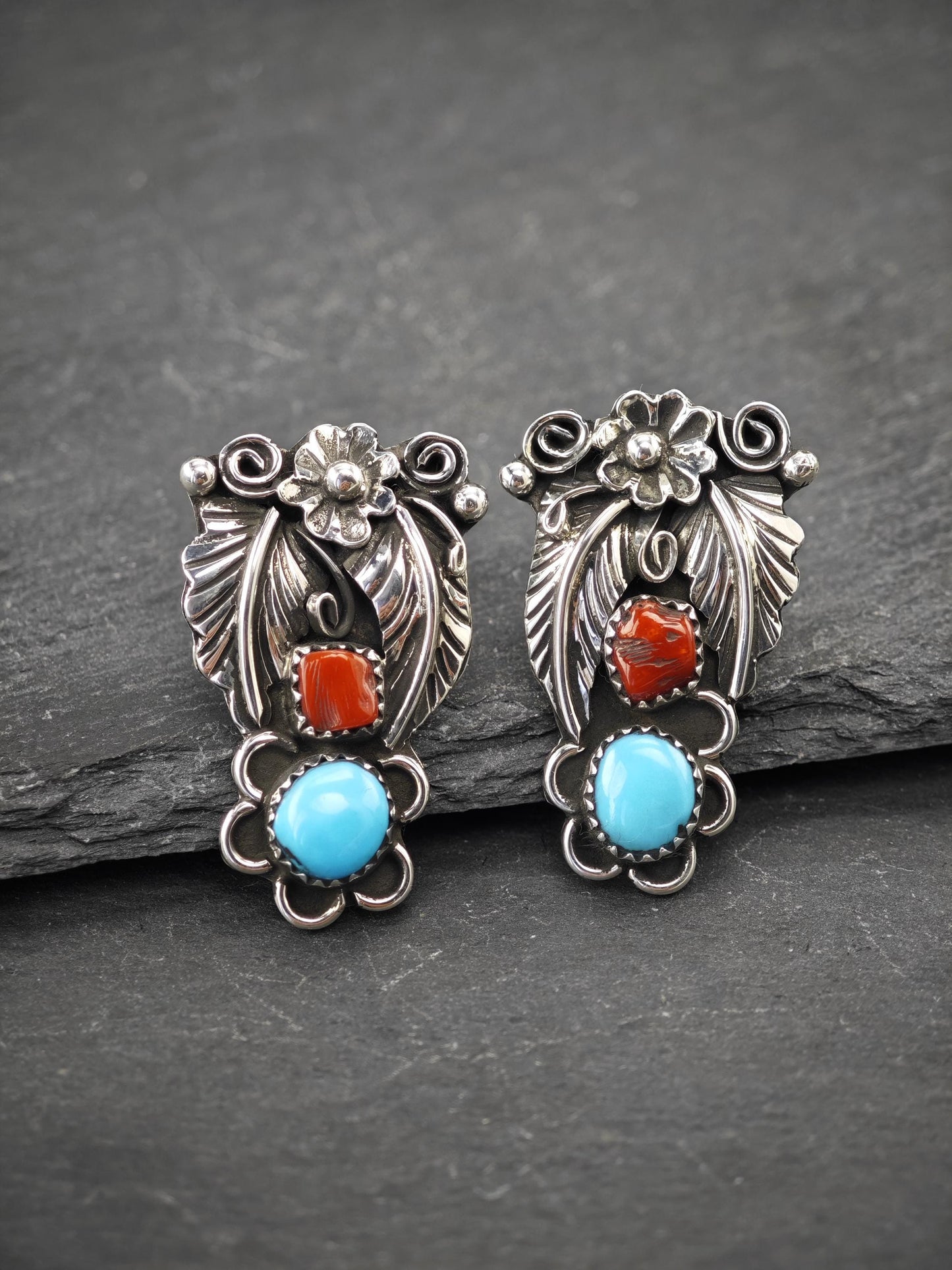 Native American Turquoise & Coral Stud Earrings Sterling Silver