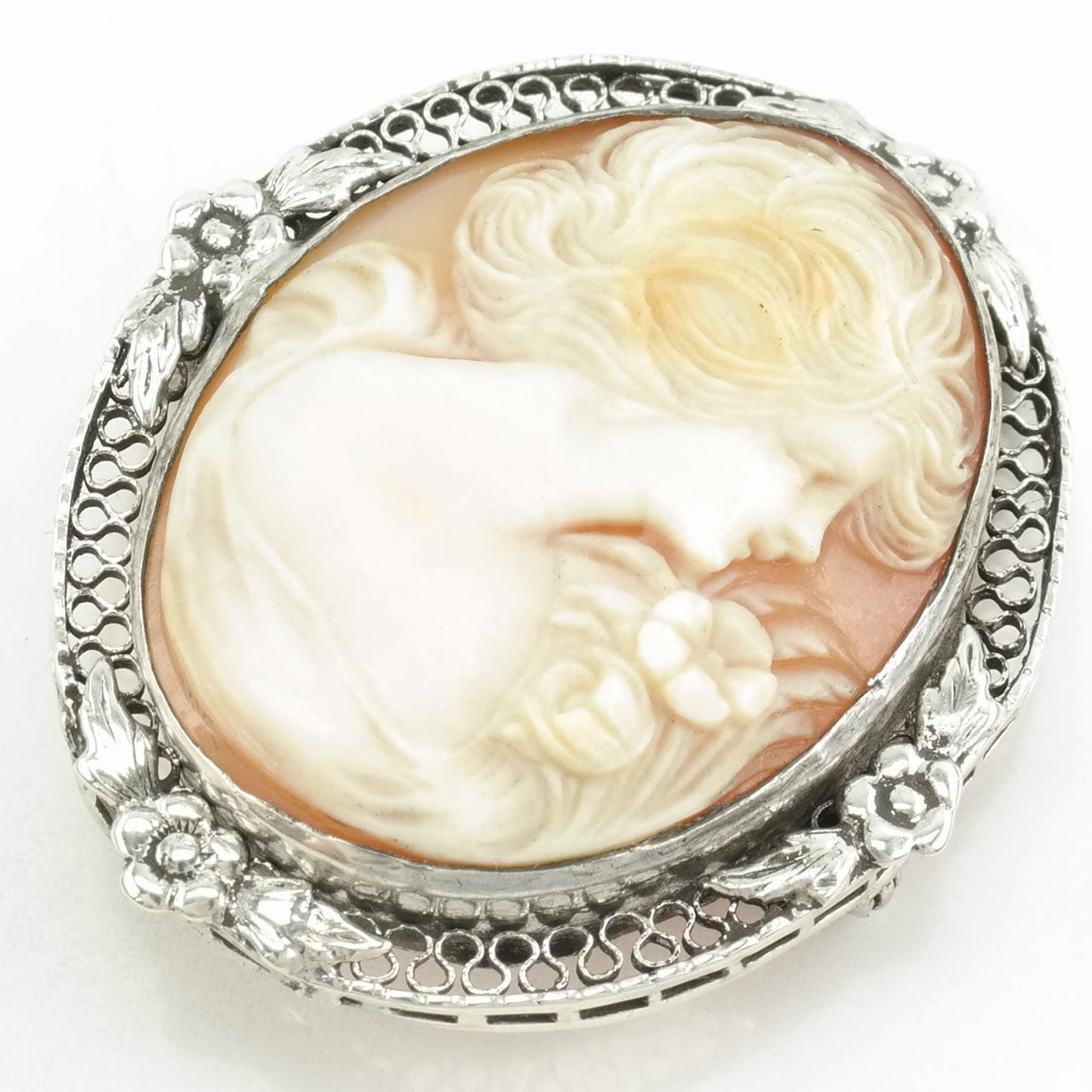 Vintage Silver Brooch Female, Flower, Filigree Cameo Sterling
