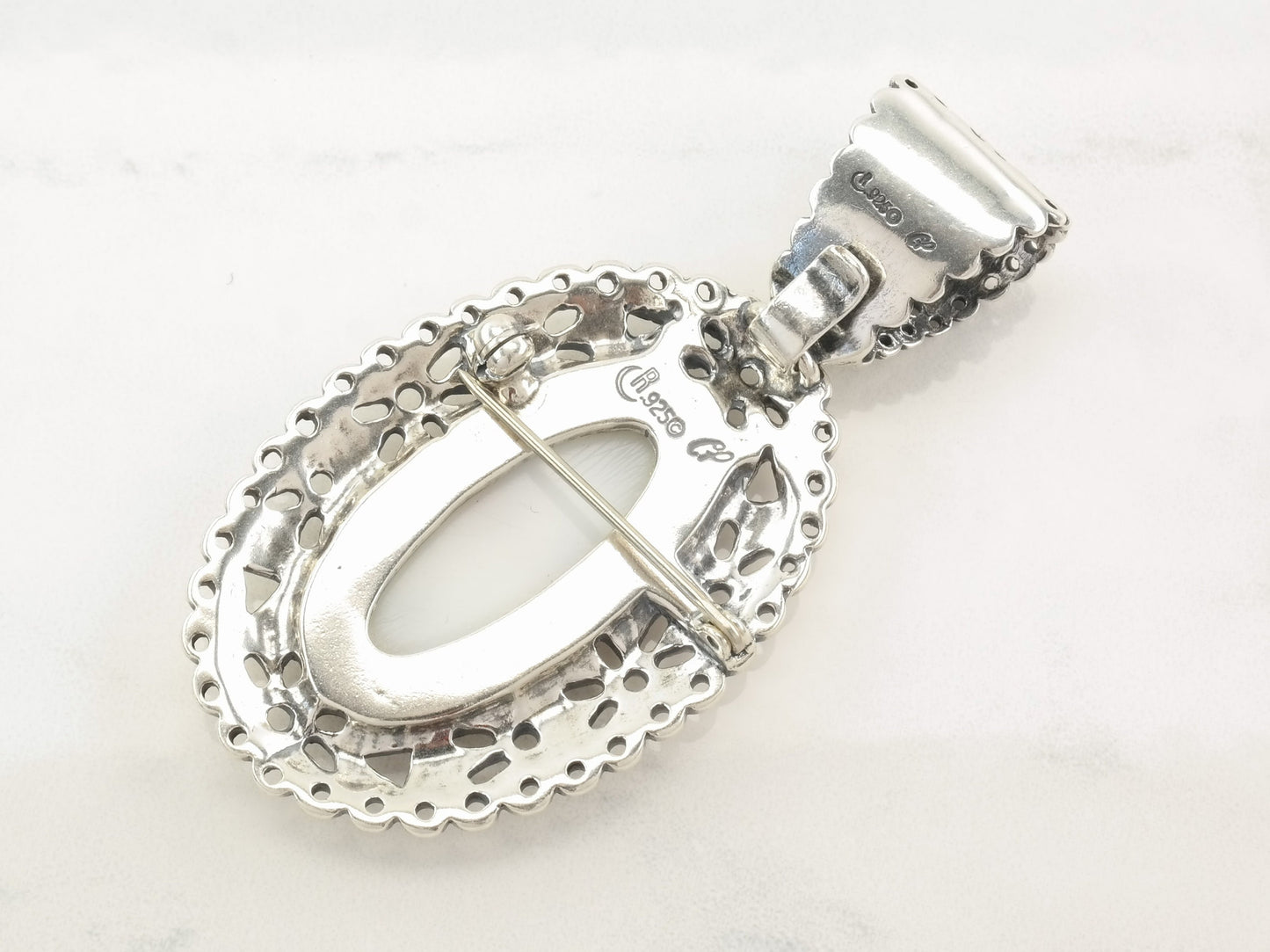 Vintage Relios MOP Inlay, Floral, Detachable Bail Sterling Silver Pendant
