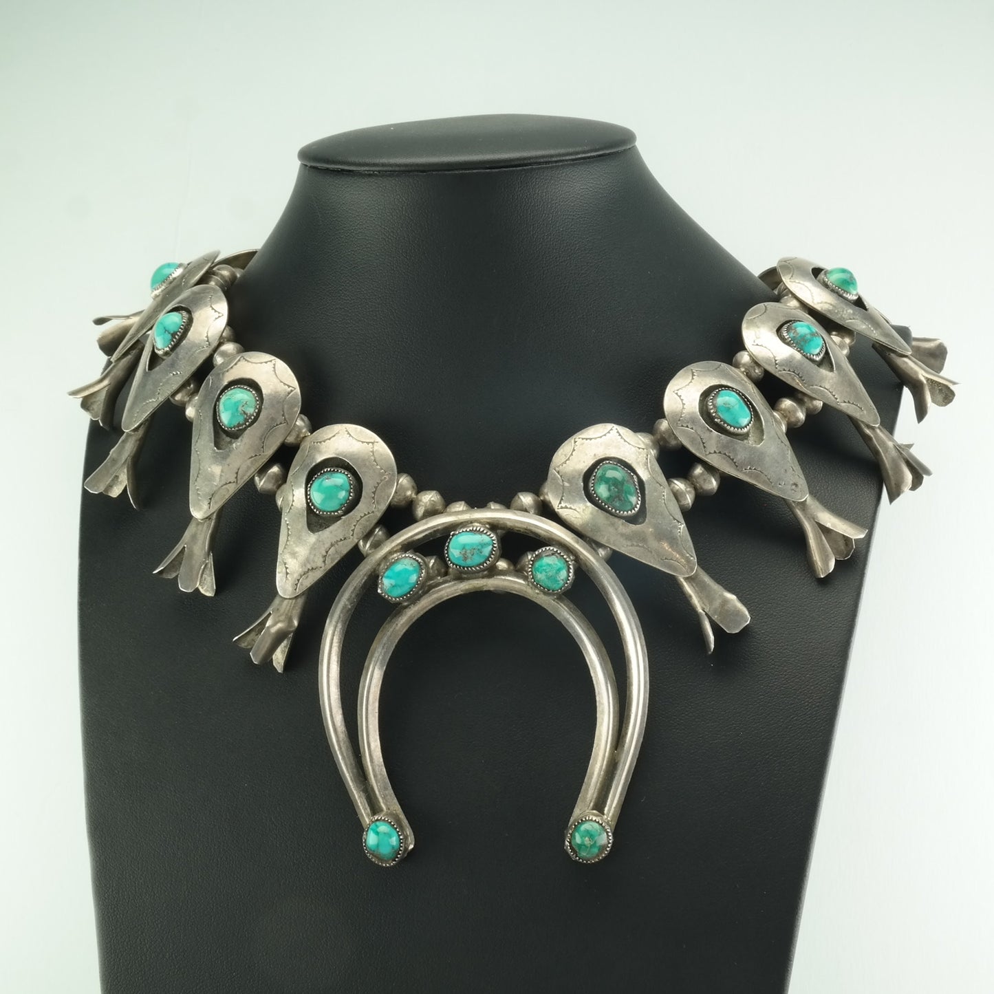 Vintage Native American Sterling Silver Turquoise Shadowbox, Stamped Necklace Squash Blossom