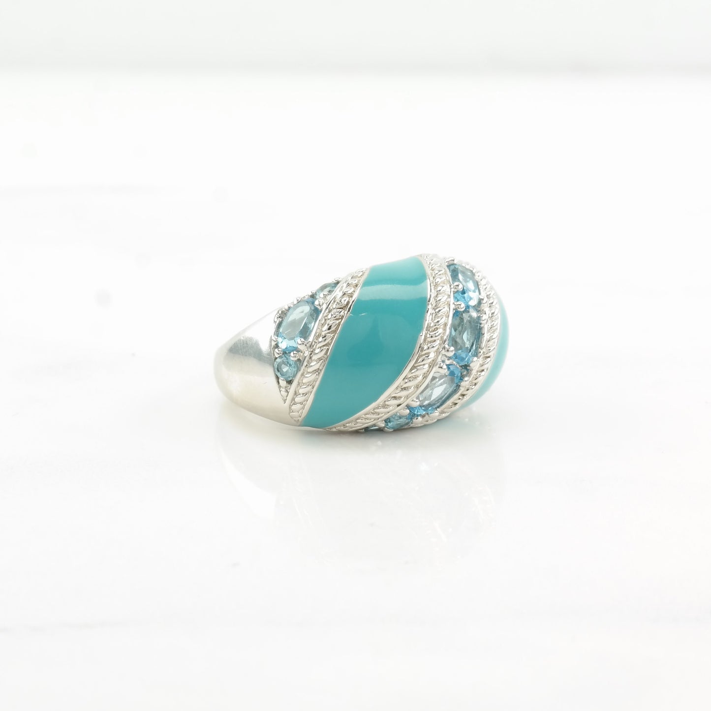 Vintage Sterling Silver Ring Topaz, Enamel Blue Size 5