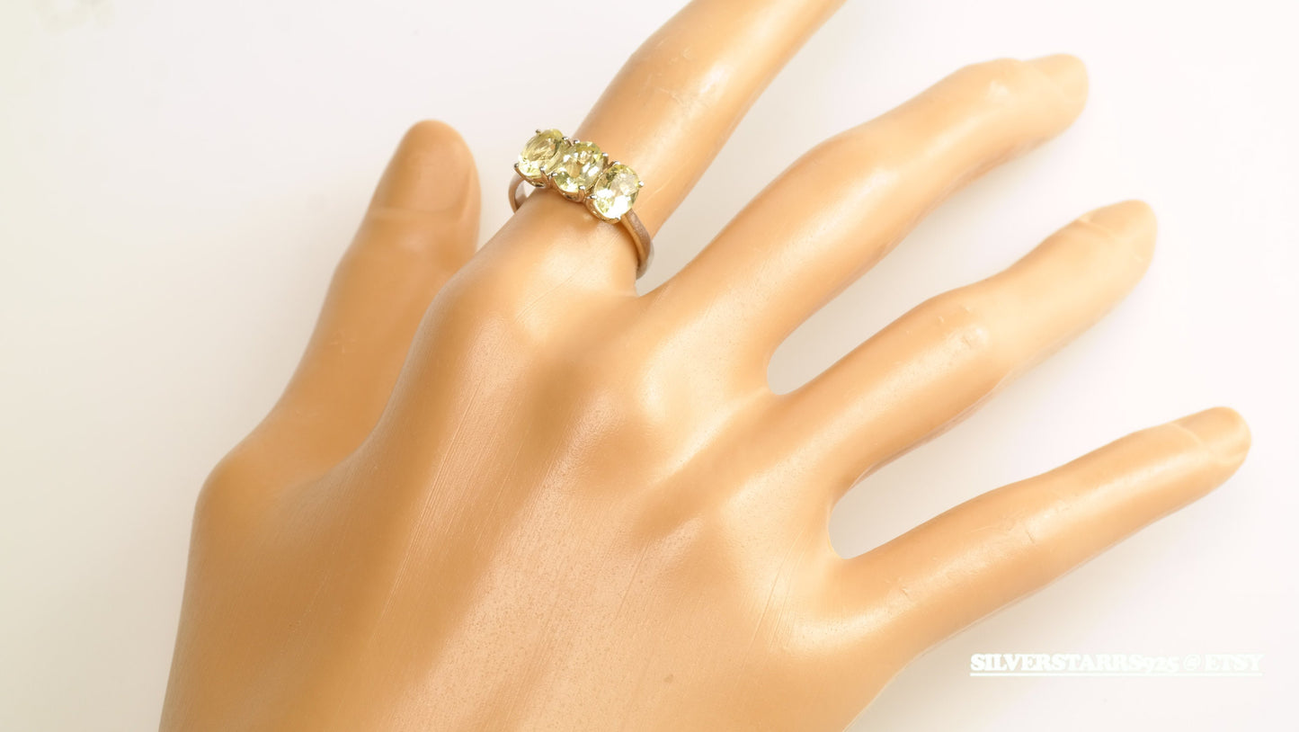 Vintage Yellow CZ Silver Ring Size 7 Three-Stone Sterling