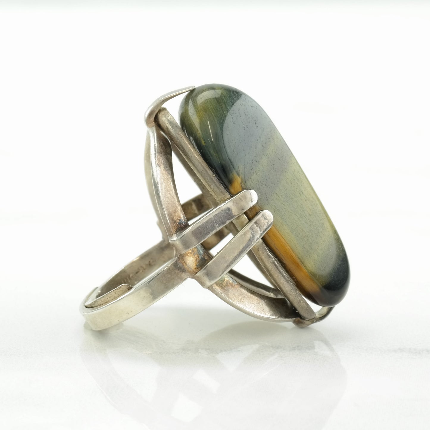 Vintage Mid Century Silver Ring Tigers Eye Sterling Size 5 3/4