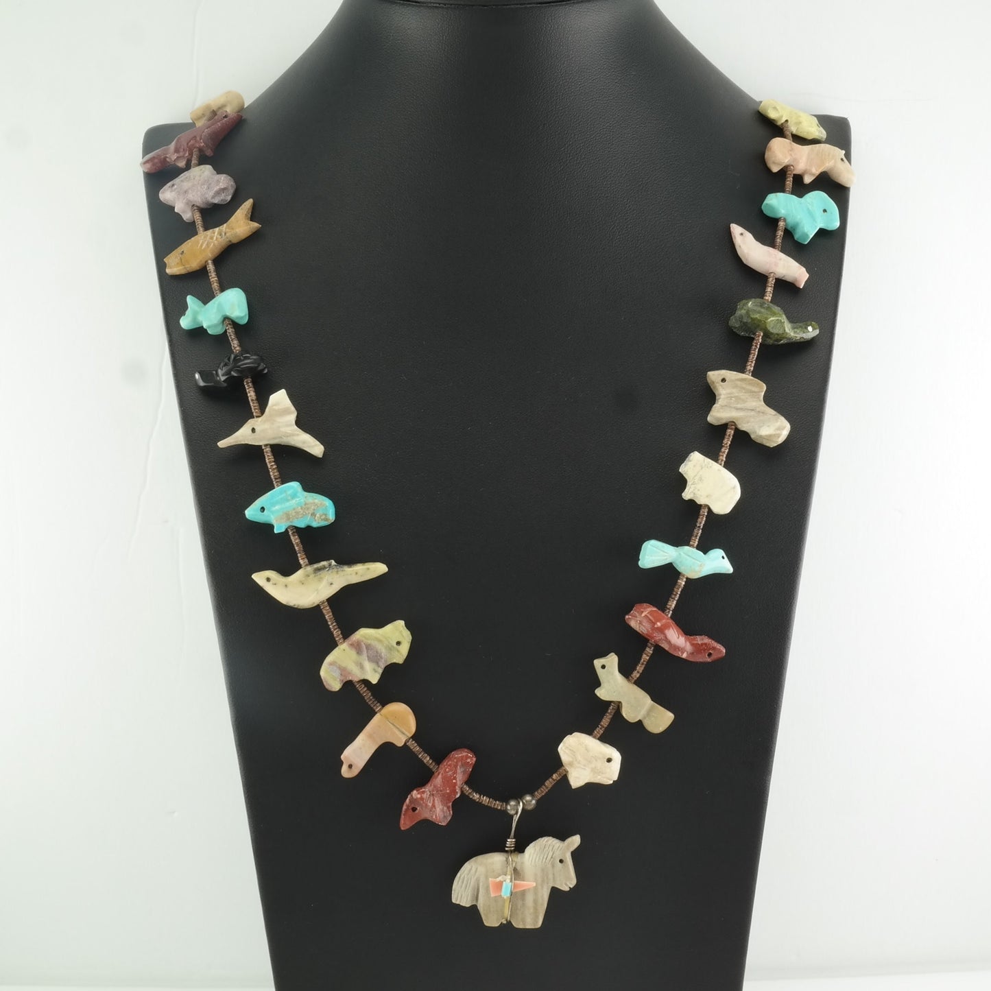 Vintage Native American Sterling Silver Onyx, Turquoise Horse, Carved Animals Necklace