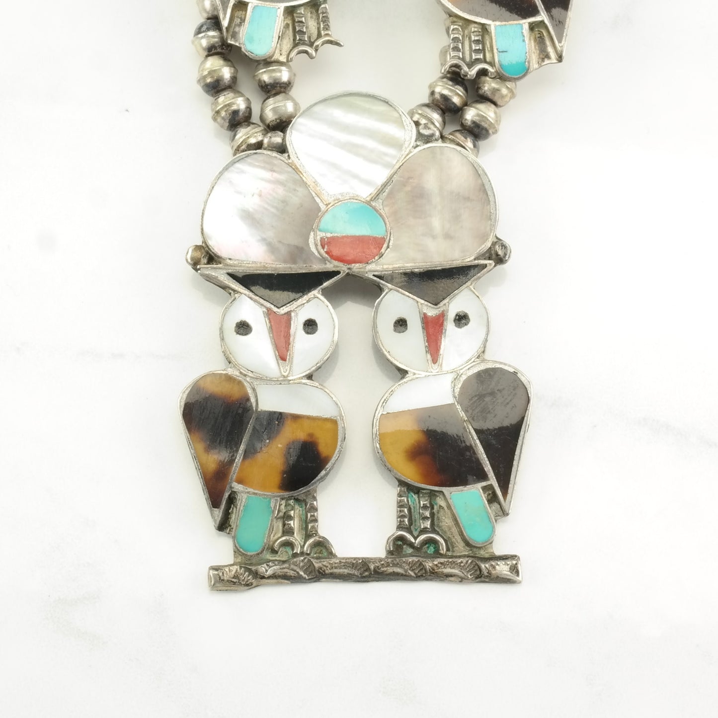 Zuni Owl Inlay Squash Blossom Native American Sterling Silver Necklace