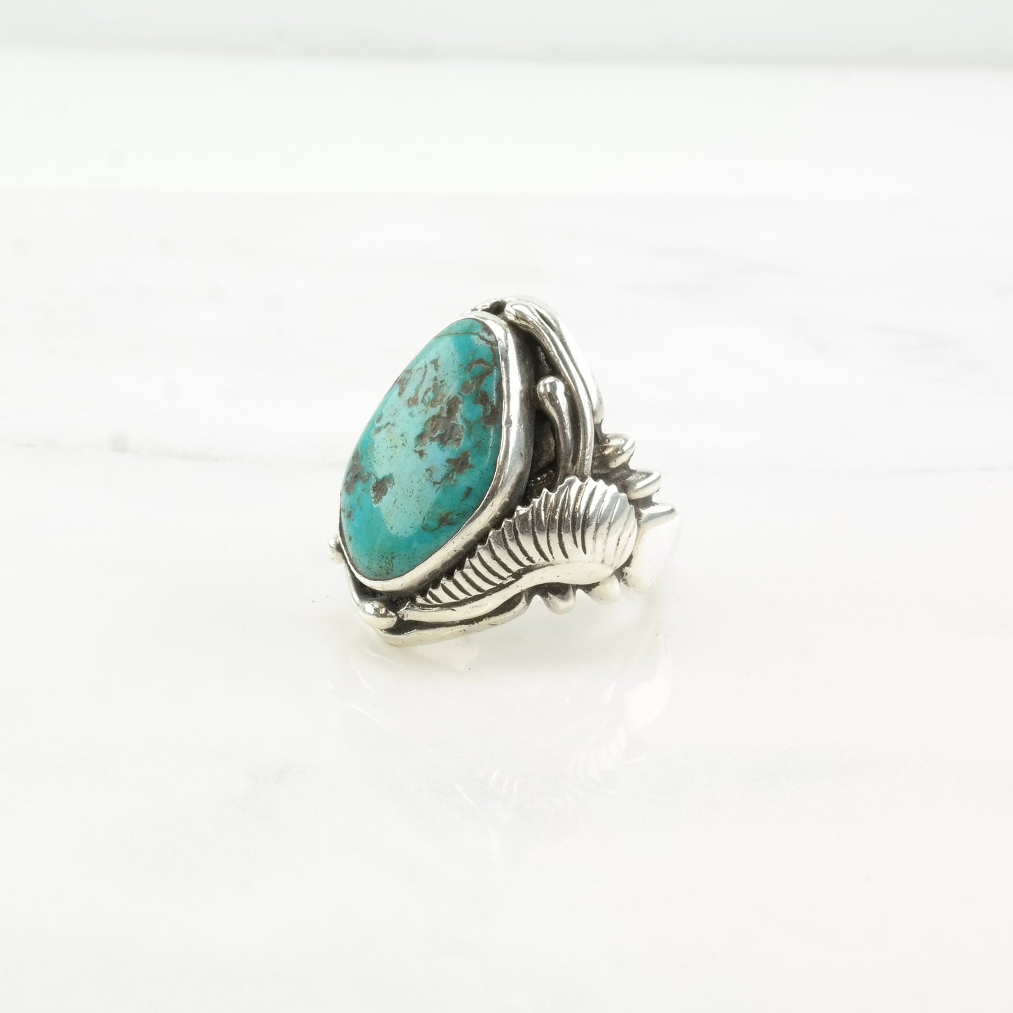 Vintage Navajo Silver Ring Turquoise Leaf Sterling Size 9