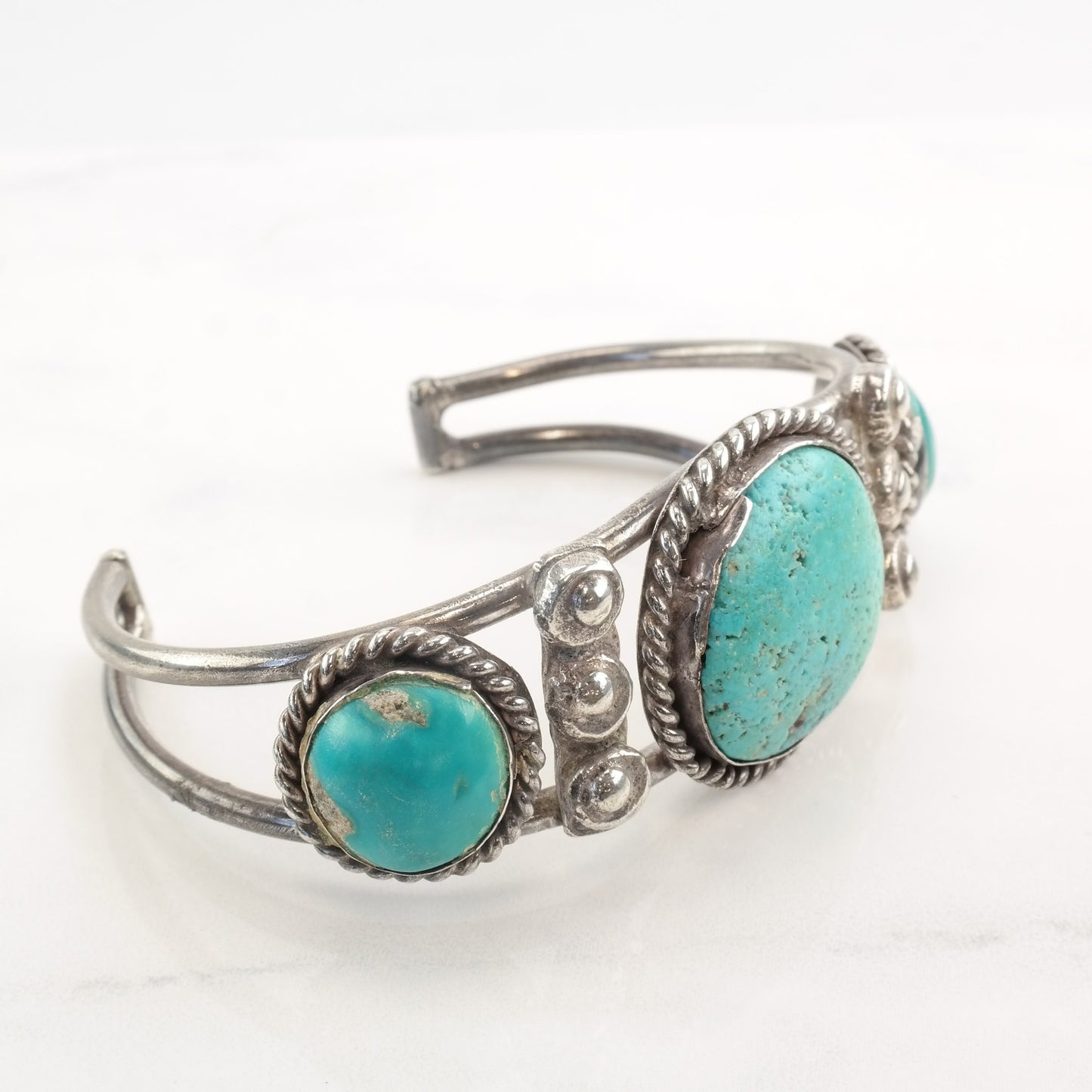 1950 Native American Sterling Silver Cuff Bracelet Turquoise Three Stone