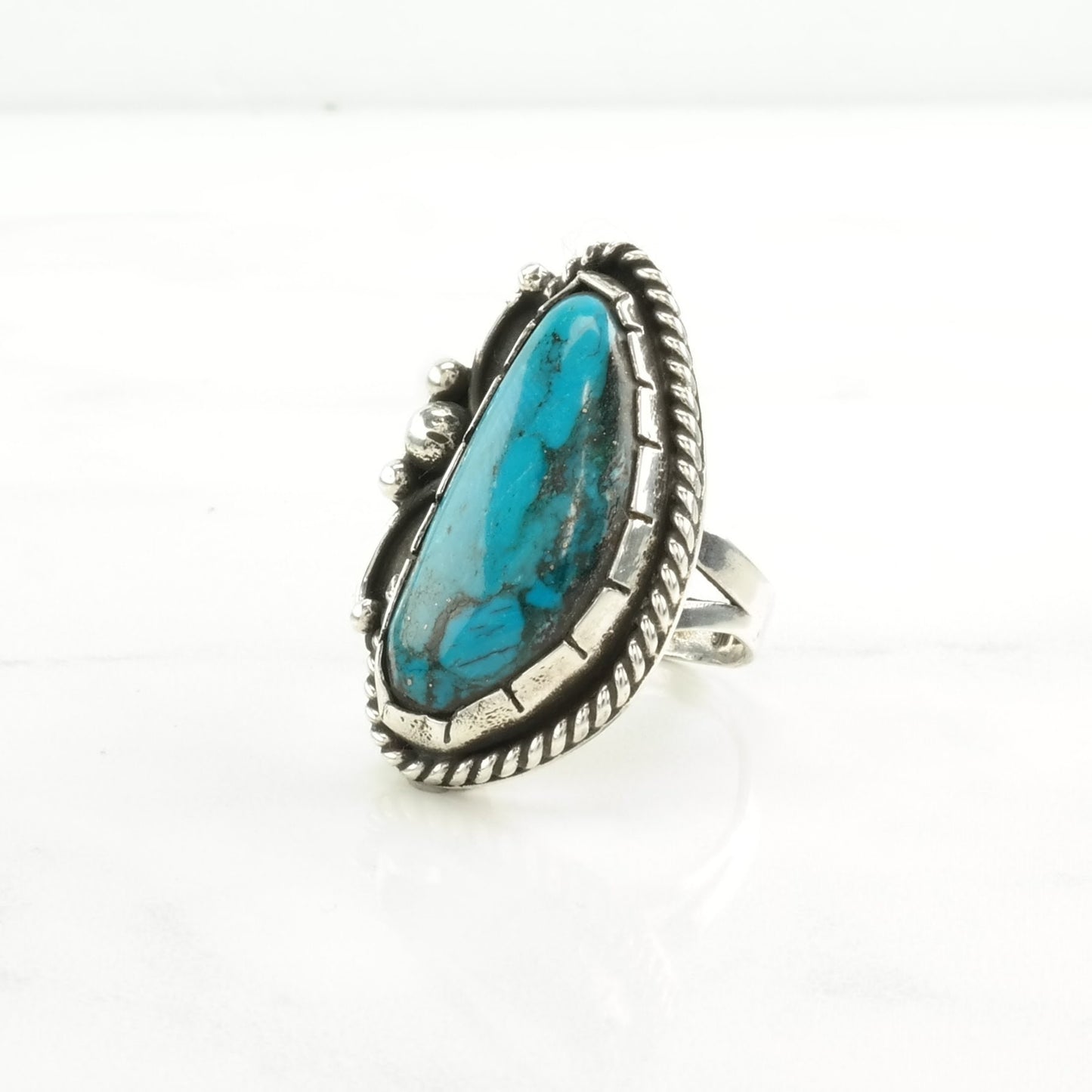 Vintage Southwest Silver Ring Turquoise Rope Detail Sterling Blue Size 8