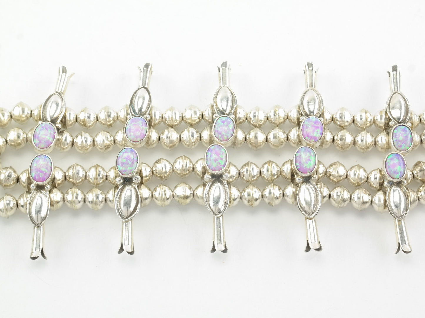 Vintage Native American Sterling Silver Pink Lab Opal Squash Blossom Necklace