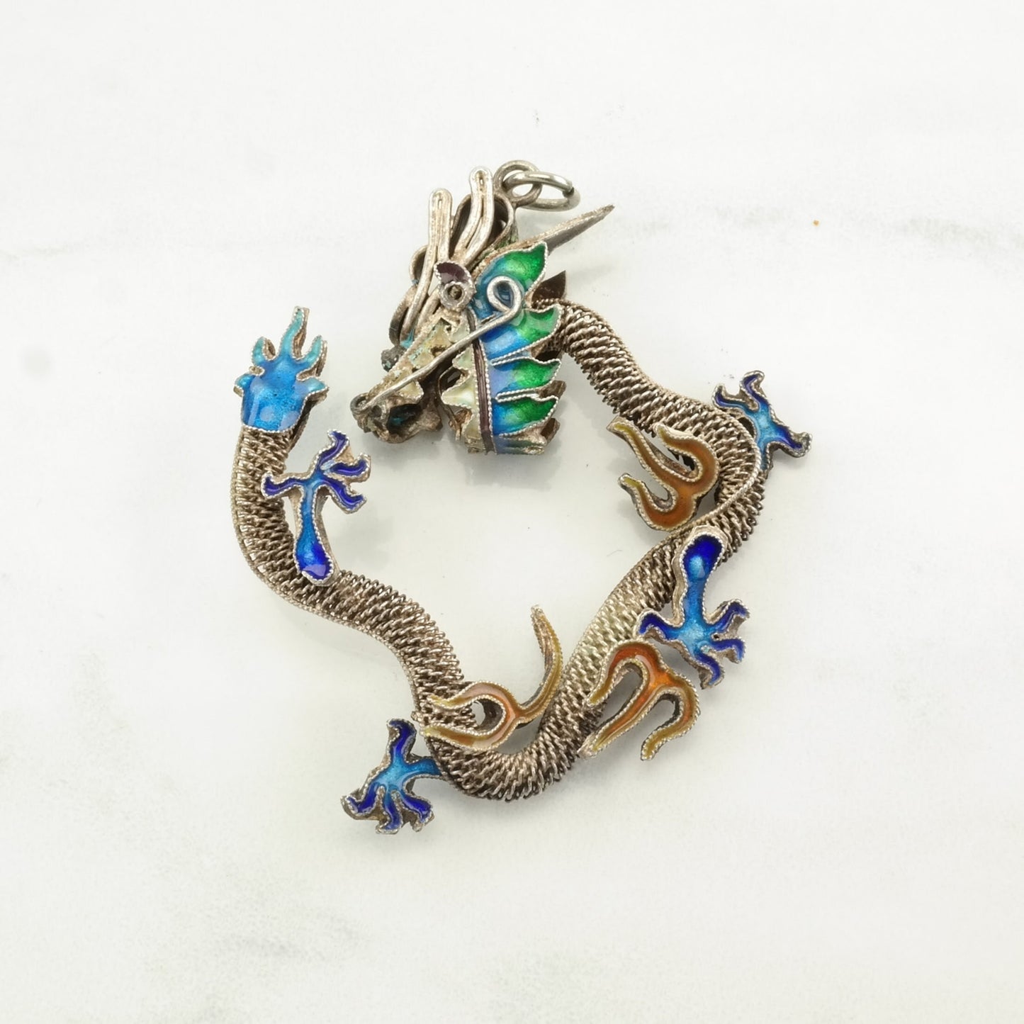 Vintage Chinese Export Enamel Dragon Sterling Silver Pendant