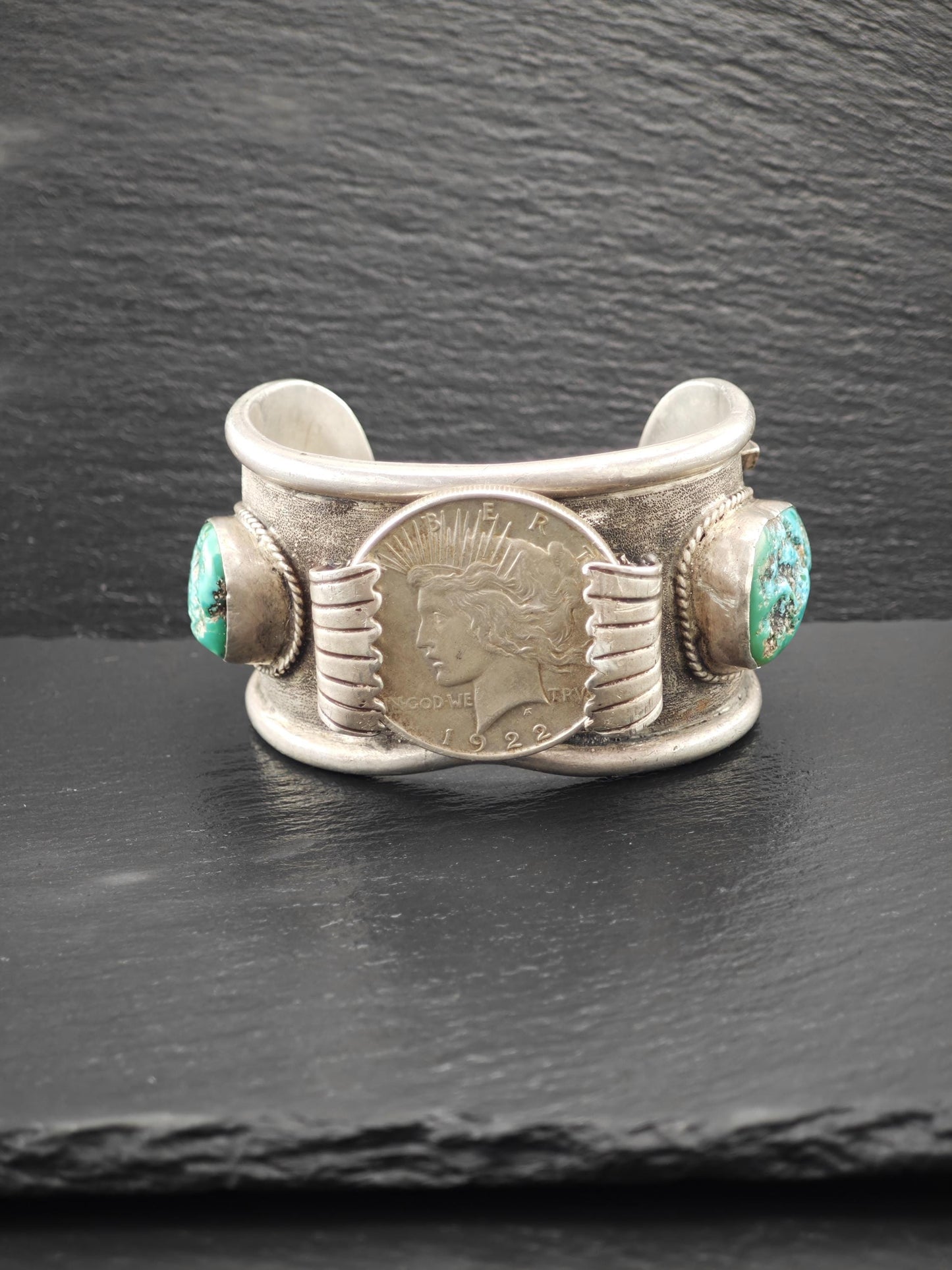 Native American, Turquoise, Coin Cuff Bracelet Sterling Silver