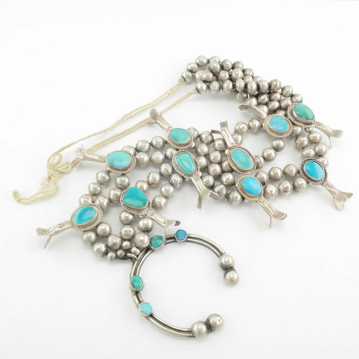 Antique Native American Sterling Silver Blue Turquoise Hand Made Beads Necklace Squash Blossom