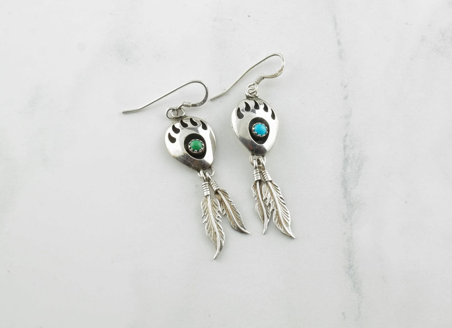 Sterling Silver Blue, Green Turquoise Bear paw Earrings