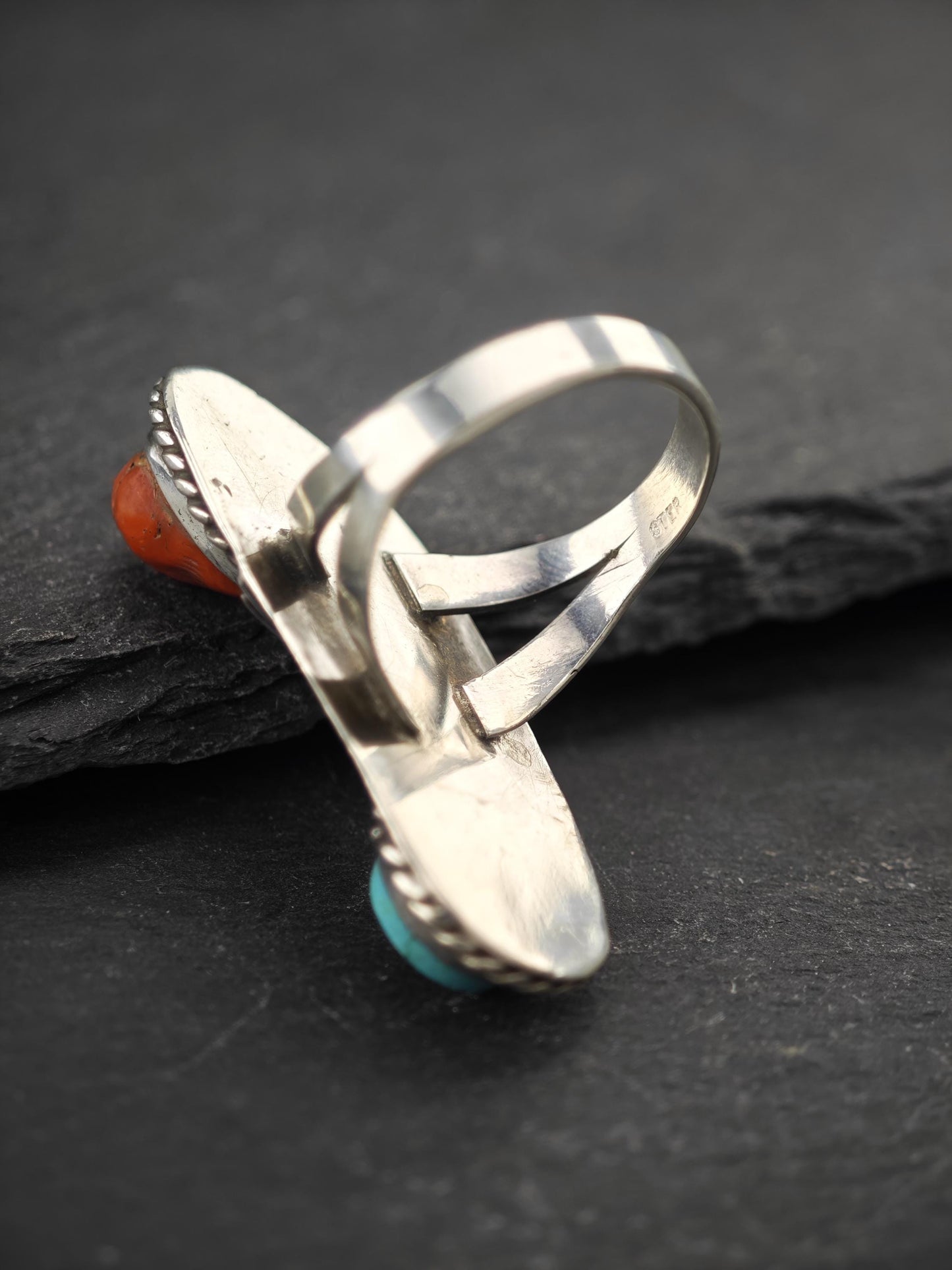 Southwest Coral, Turquoise Ring Sterling Silver