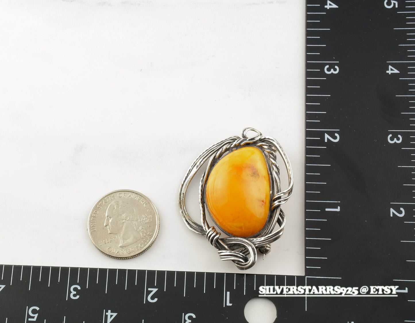Modernist Sterling Silver Amber Brooch Pendant