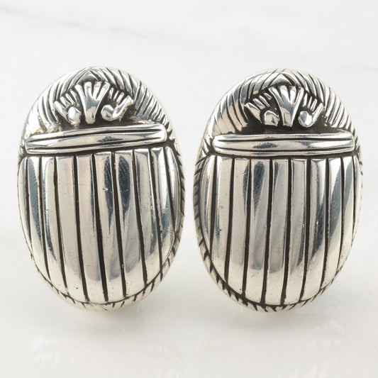 Vintage Large Scarab Clip On Sterling Silver Earrings