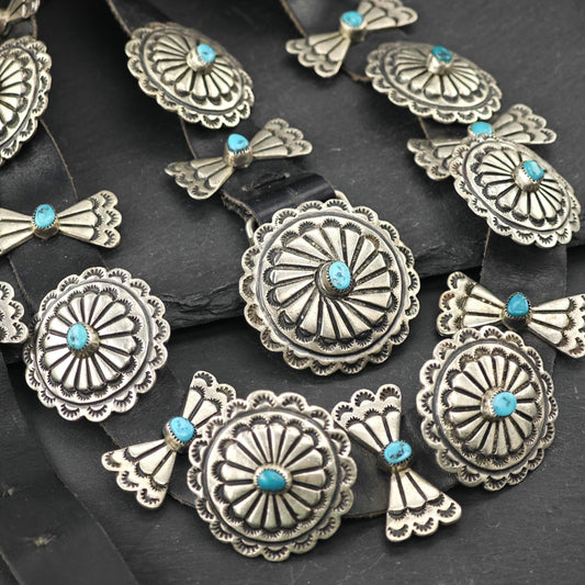 Native American Sterling Silver Leather Bow Turquoise Belt