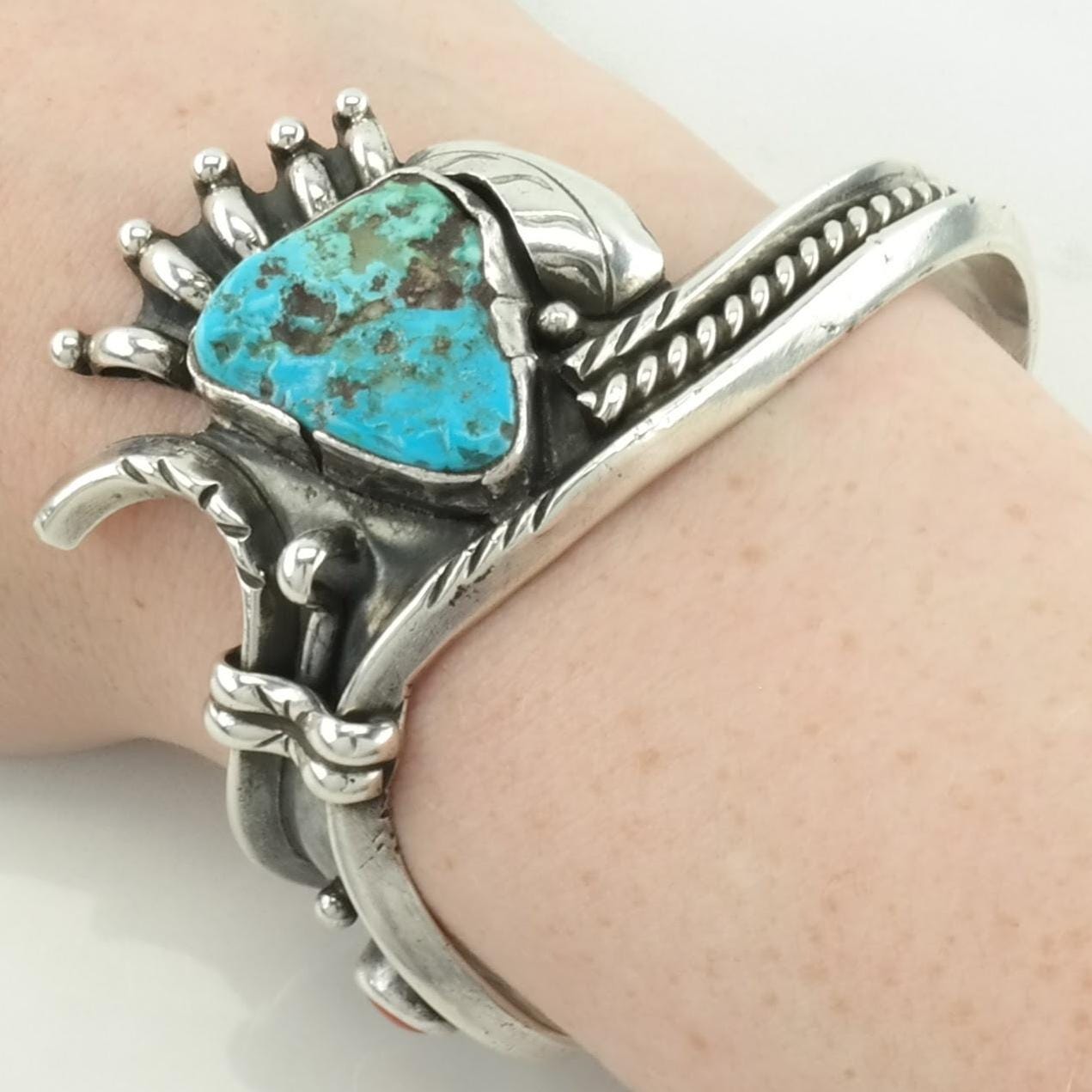 Native American Sterling Silver Cuff Bracelet Blue, Red Turquoise, Coral Crown