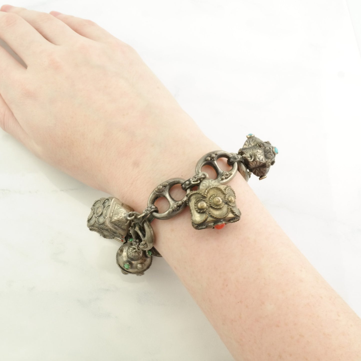 Etruscan Revival Sterling Silver Charm Bracelet Faux Turquoise, Coral, Carnelian