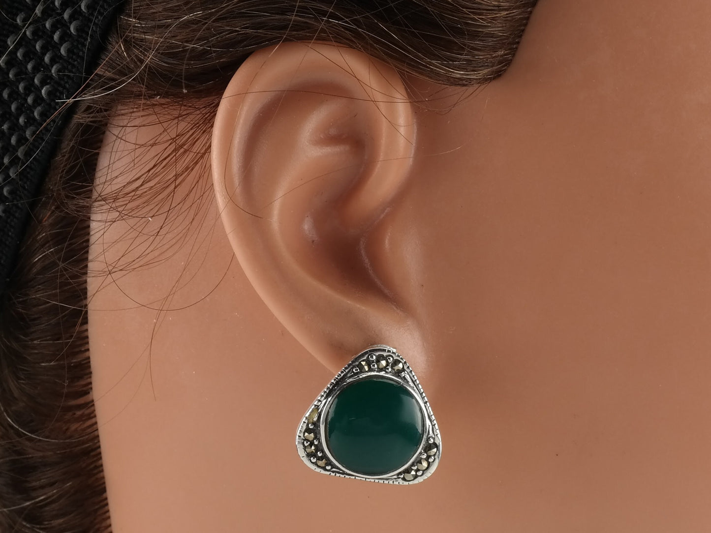 Modernist Green Chrysoprase Marcasite Triangle Earrings Sterling Silver