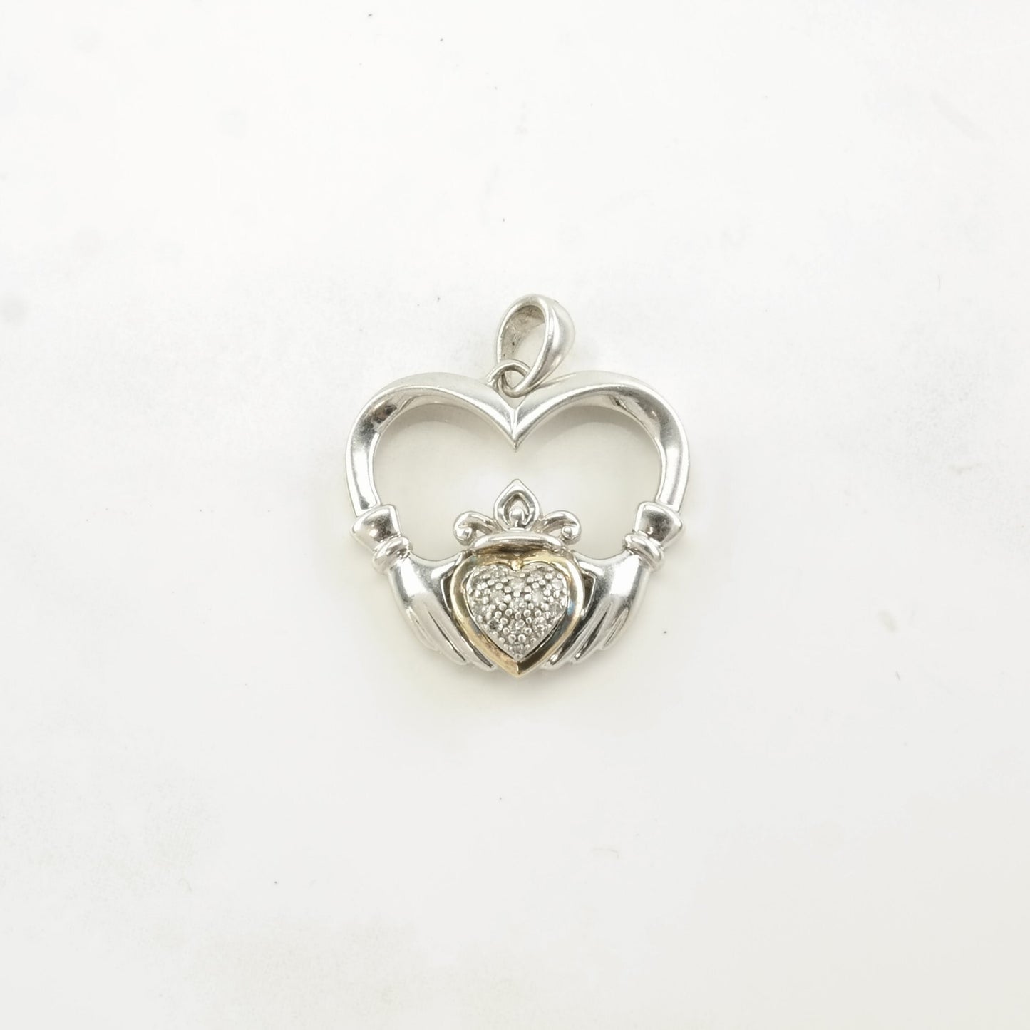 Vintage Alwand Vahan Diamond Claddagh,14K gold accents Sterling Silver Pendant