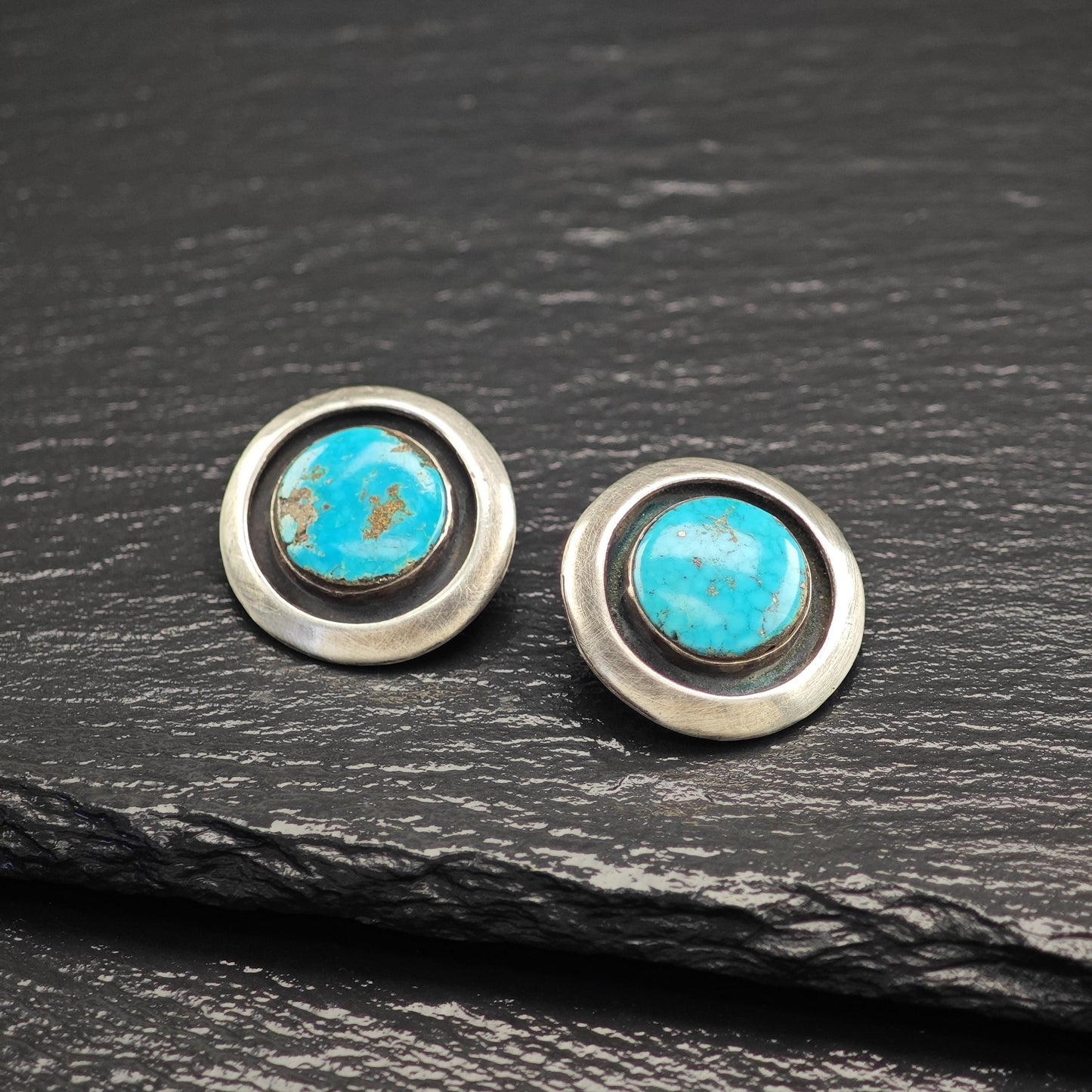 Native American Blue Turquoise, Shadowbox Clip On Earrings Sterling Silver