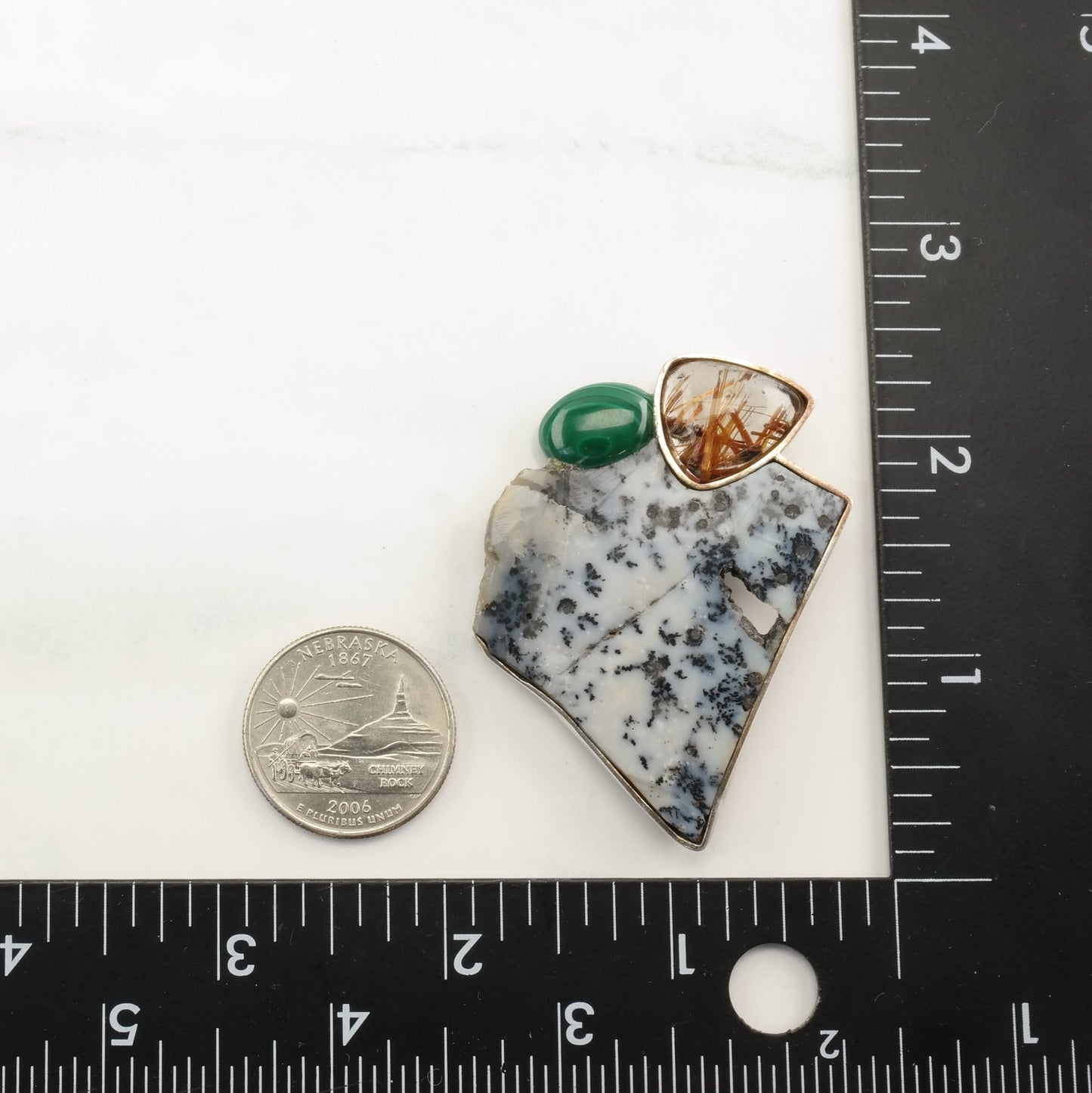 Sterling Silver Brooch Dendric Agate Malachite Rutile Quartz B1718
