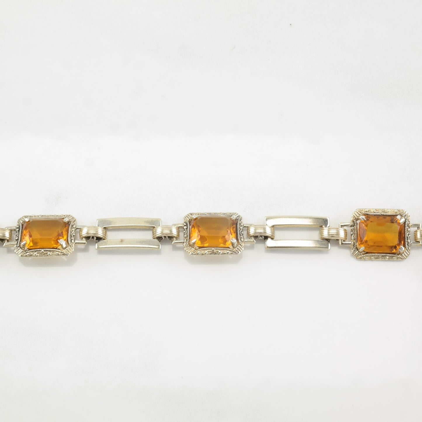 Orange Paste Sterling Silver Gold Tone Link Bracelet