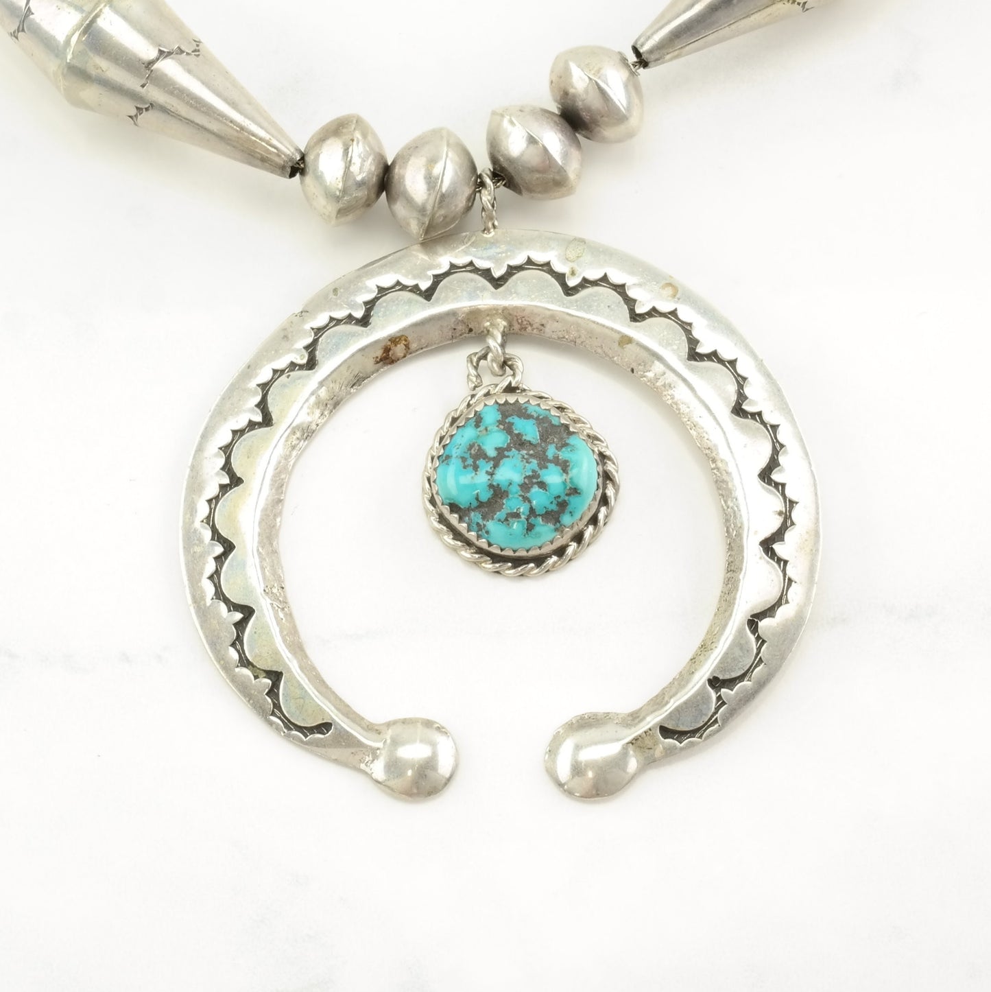 Native American Sterling Silver Blue Turquoise Stamped Necklace