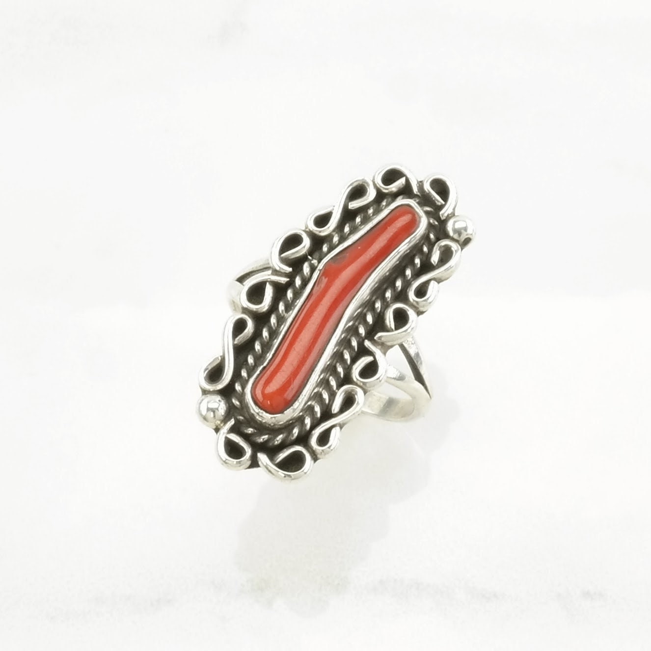 Native American Silver Ring Coral Navette Sterling Red Size 7 3/4