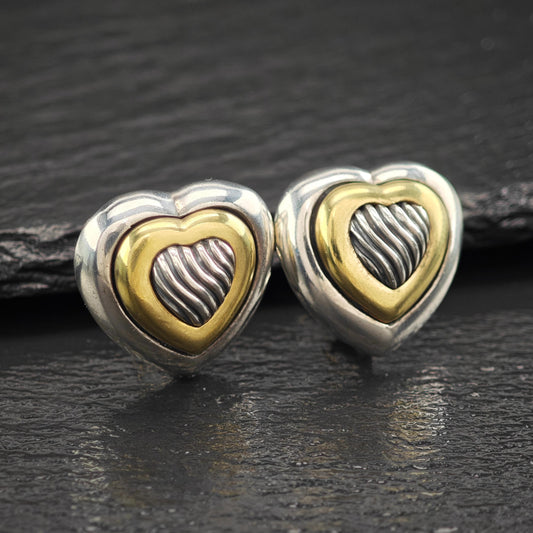 David Yurman 18K Gold Heart Accent and Post, Modernist Design Sterling Silver Omega Back Earrings