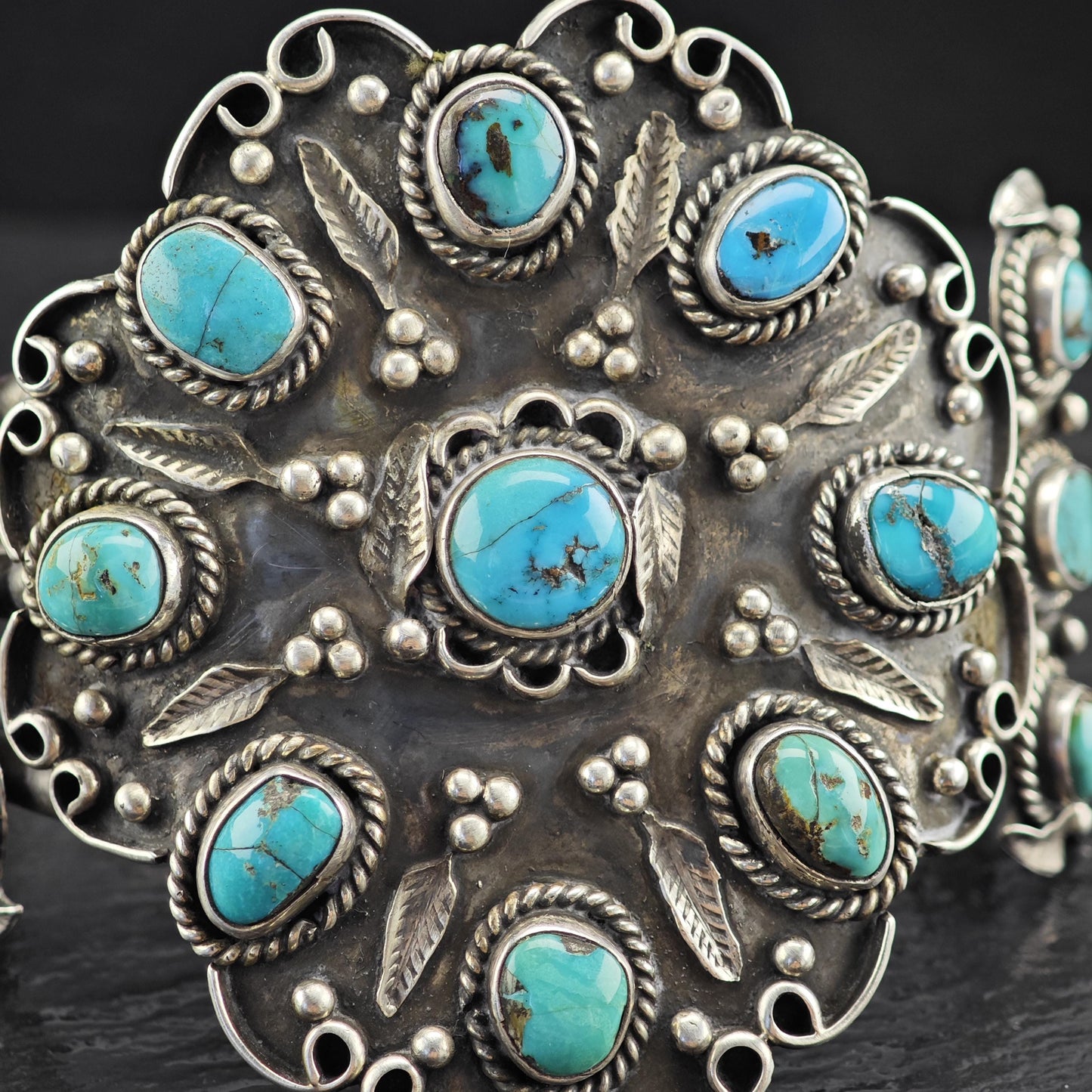 Large Turquoise Floral Cuff Bracelet Native American Sterling Silver