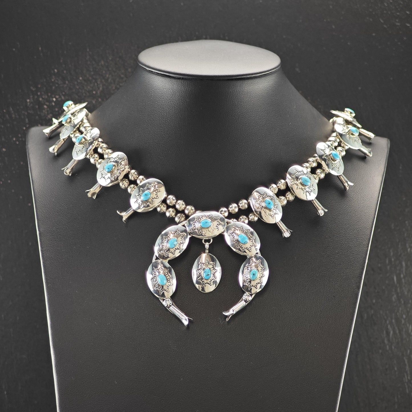 Sw Sterling Blue Turquoise Conchos Squash Blossom Necklace N2594