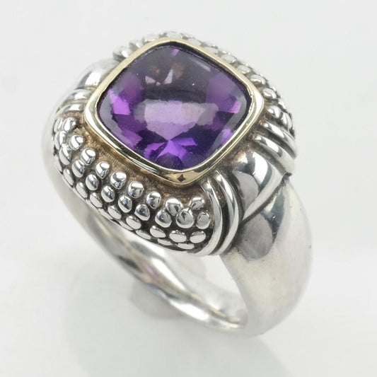 Vintage Sterling Silver & 18K Gold Ring with Purple Amethyst, Size 7.5