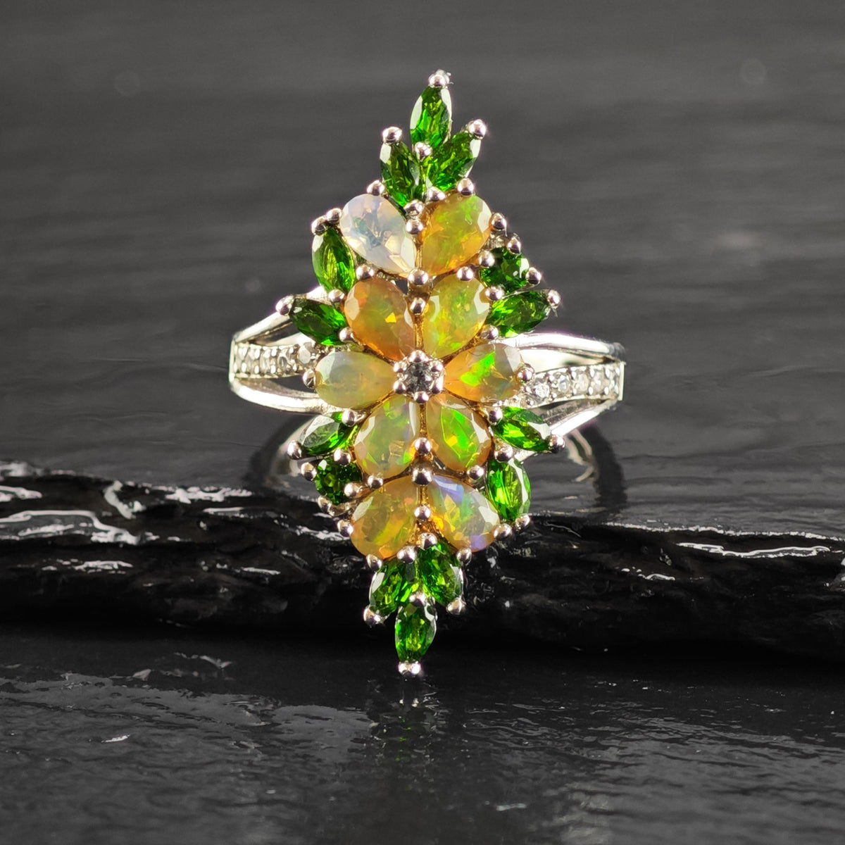 Opal Diopside Floral Cluster Sterling Silver Ring Sz 9 R6876