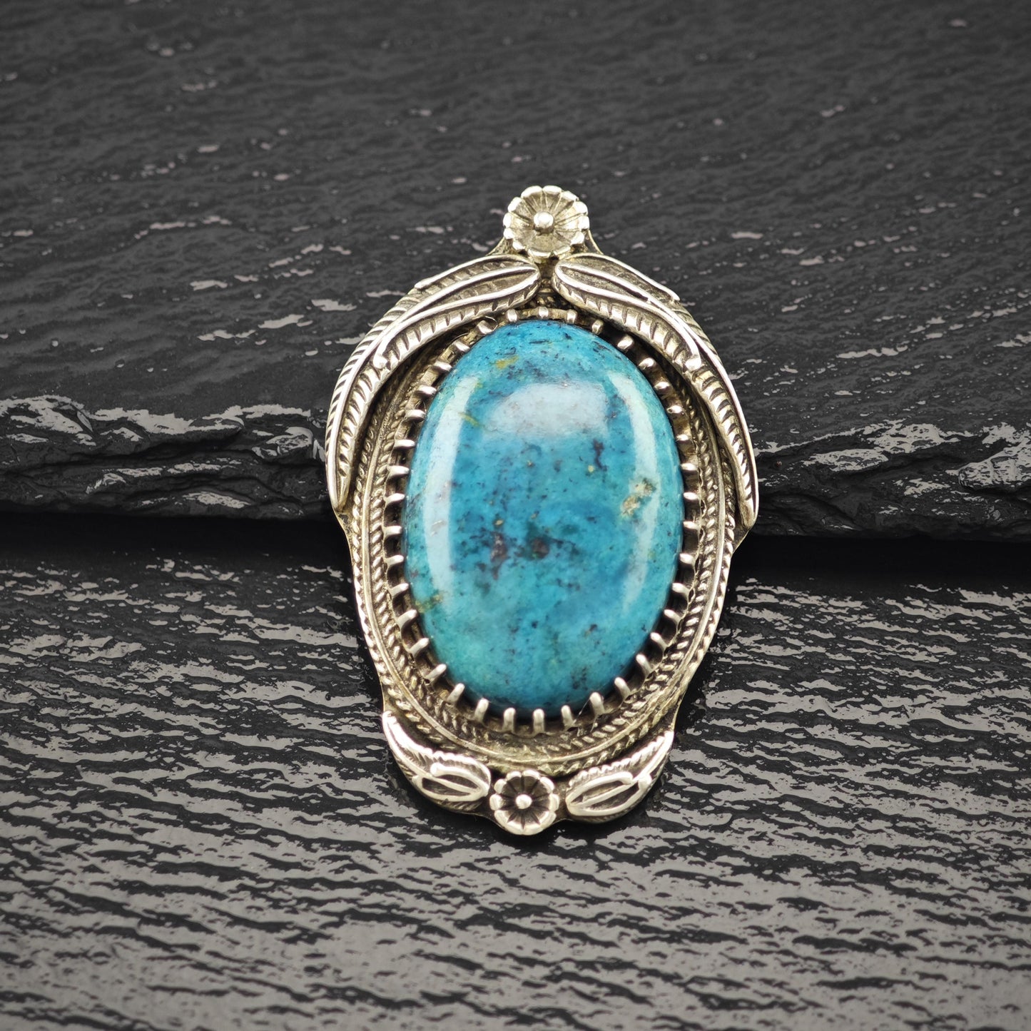 Native Treated Turquoise Floral Pendant Sterling Silver P2797