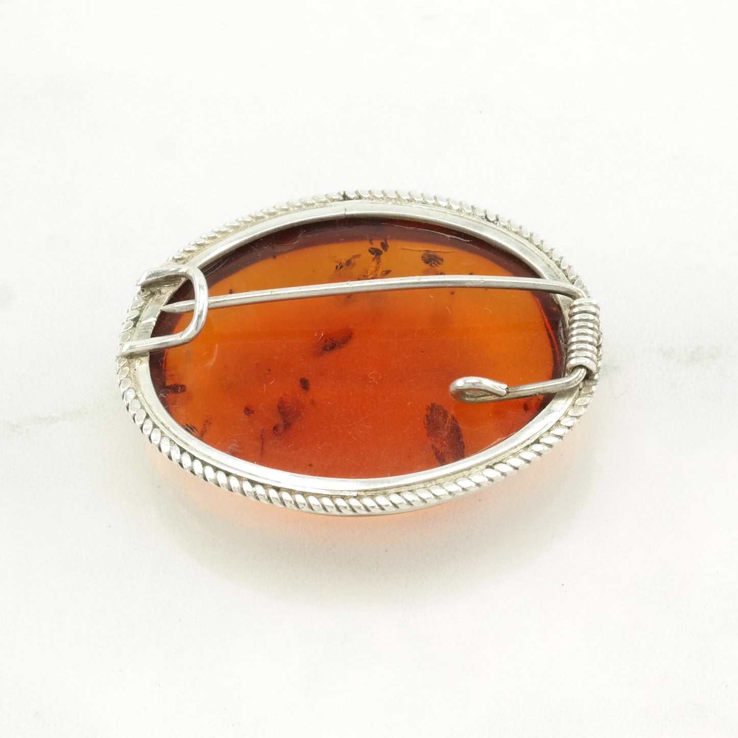 Vintage Orange Silver Brooch Pendant Large Amber Sterling