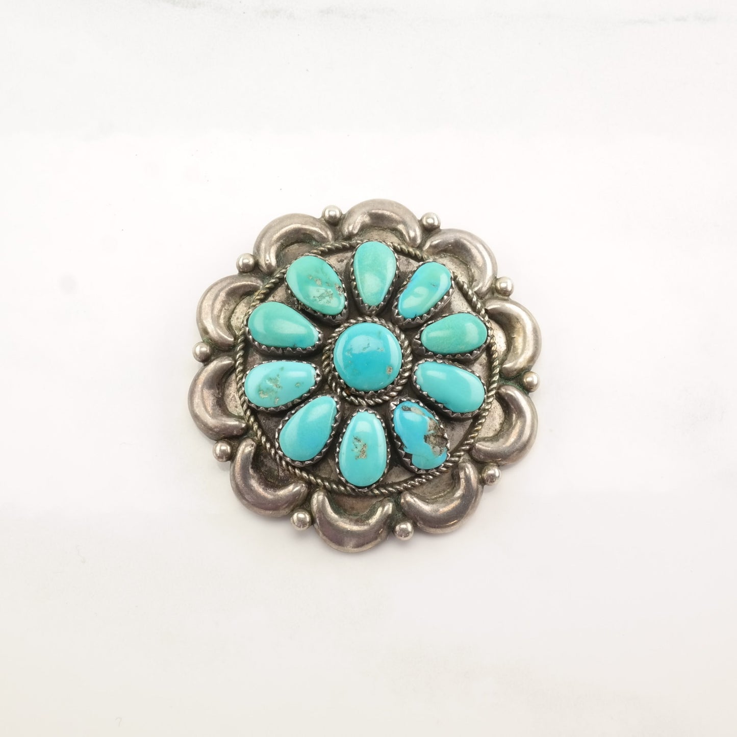 Native American Sterling Silver Brooch Pendant Flower Cluster Turquoise