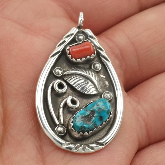 Native American Pendant Turquoise, Coral Floral Sterling Silver