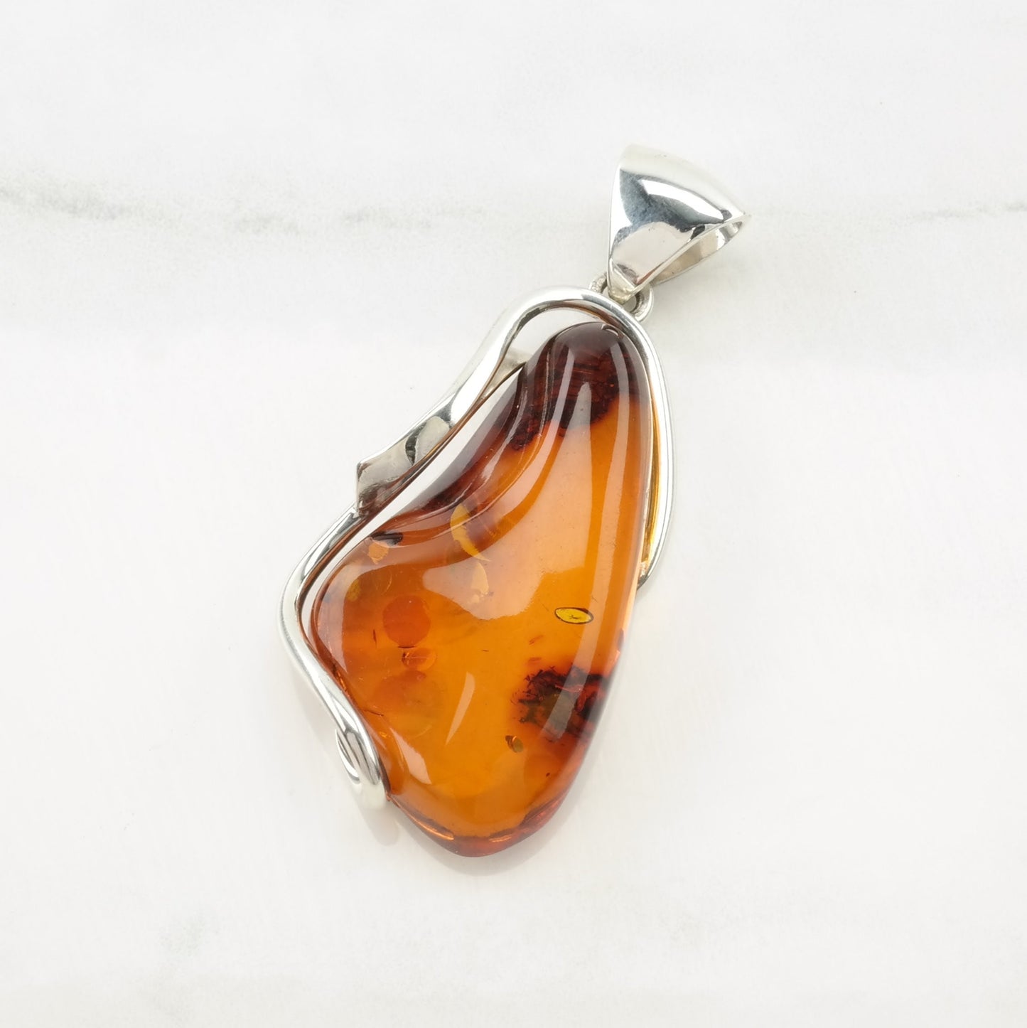 Vintage European Amber Modernist Sterling Silver Pendant