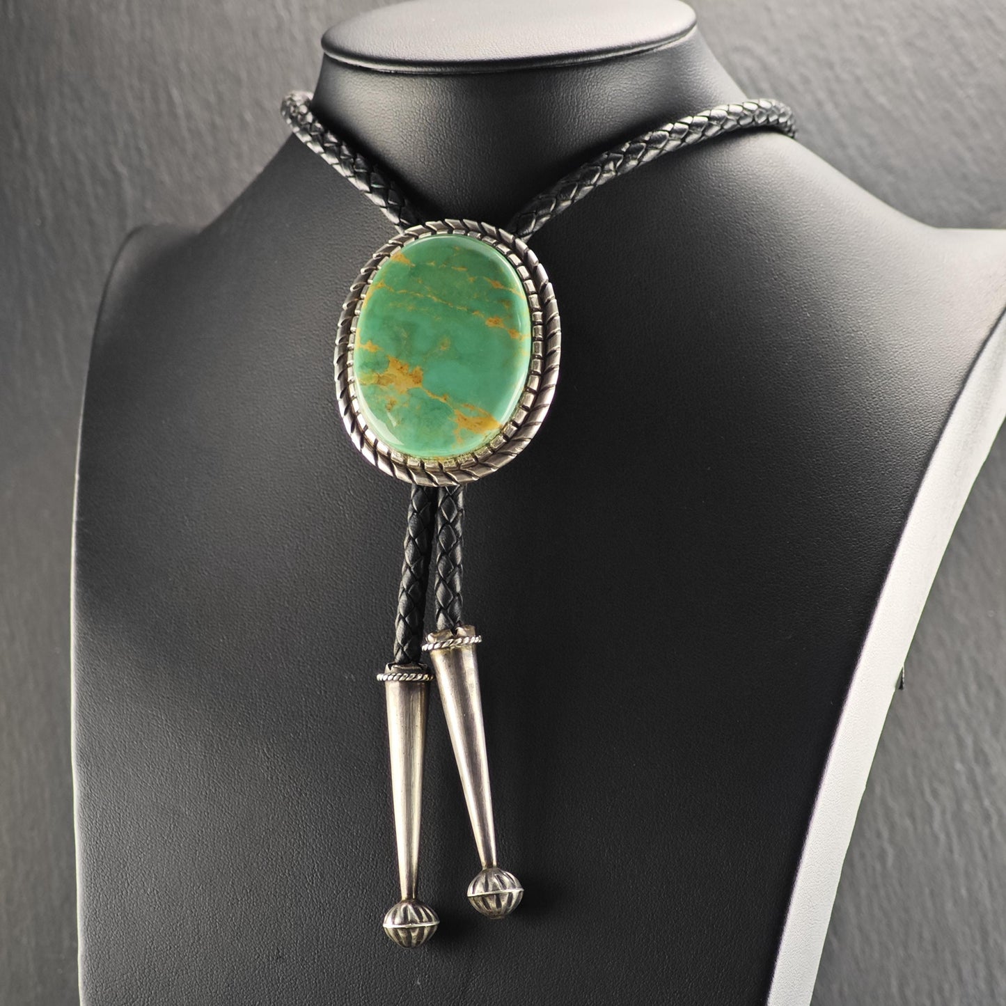Vintage Native American Sterling Silver Green Turquoise Bolo Tie Necklace N2749