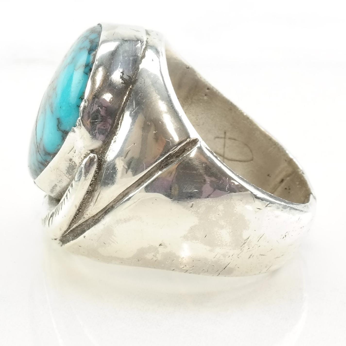 Vintage Native American Silver Ring Lone Mountain Spiderweb Turquoise Hairline Crack Sterling Size 8 1/4