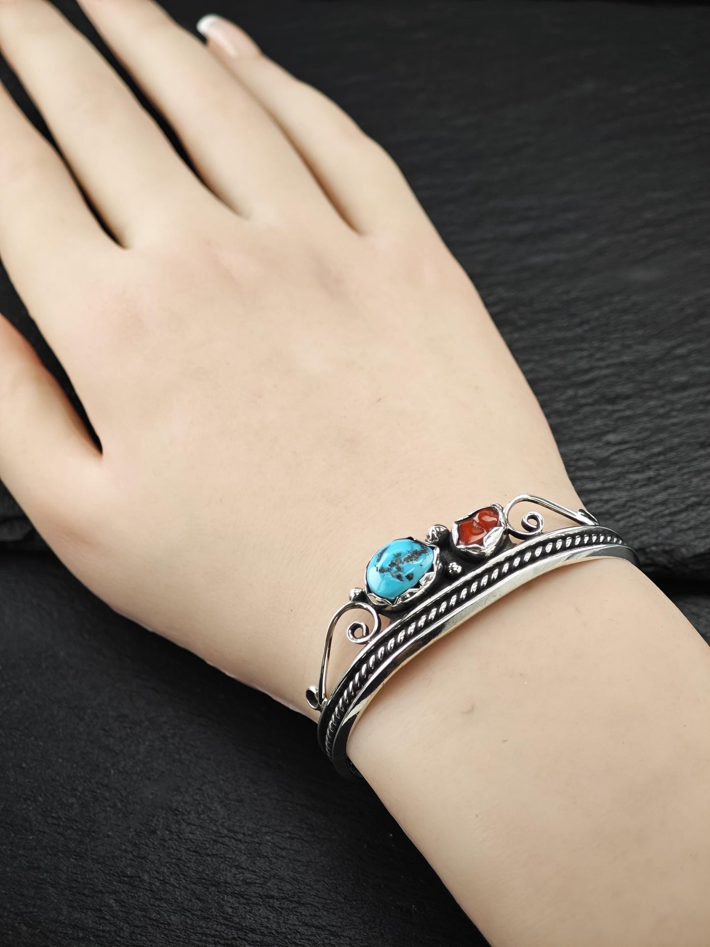 Navajo, Native American Turquoise, Coral Cuff Bracelet Sterling Silver