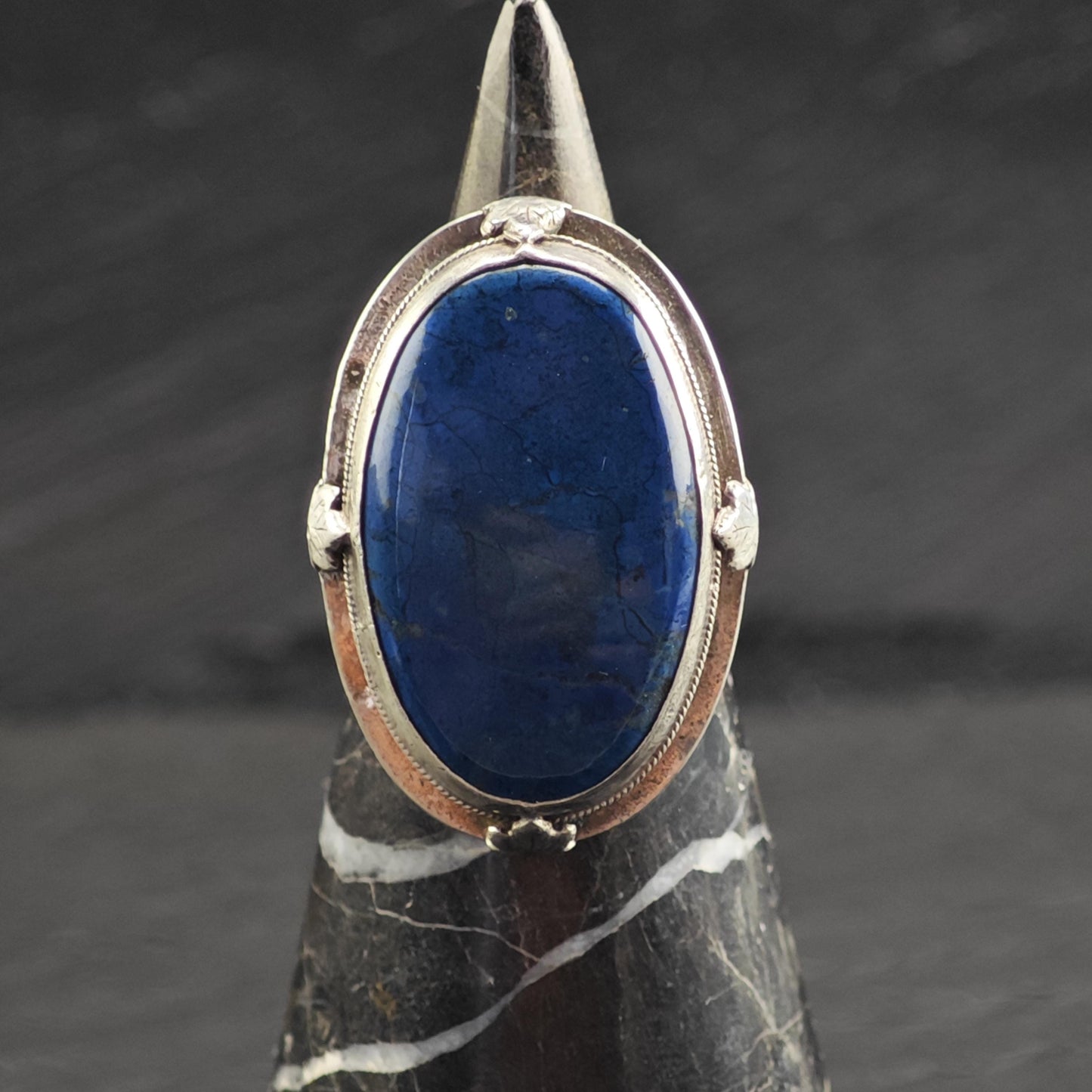 Art Deco Large Blue Gemstone Sterling Silver Ring Sz 7 R6729