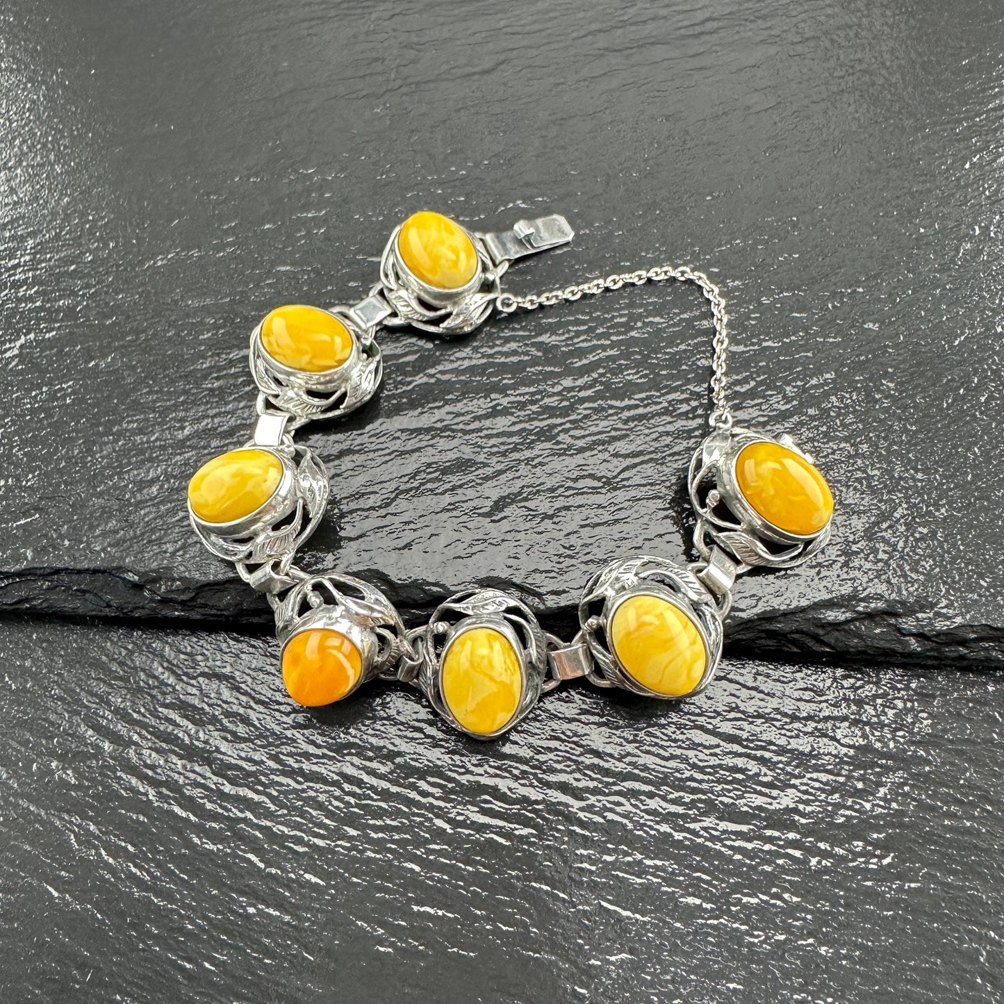 Baltic Amber Bracelet in Art Nouveau Style Yellow Opaque Sterling Silver