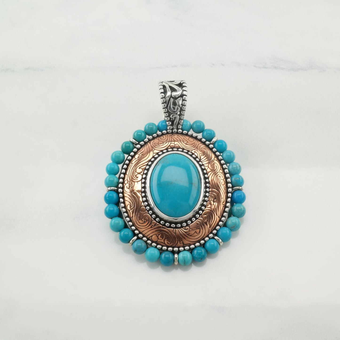 Small Dent Vintage Carolyn Pollack Turquoise Pendant Copper Filigree Sterling Silver