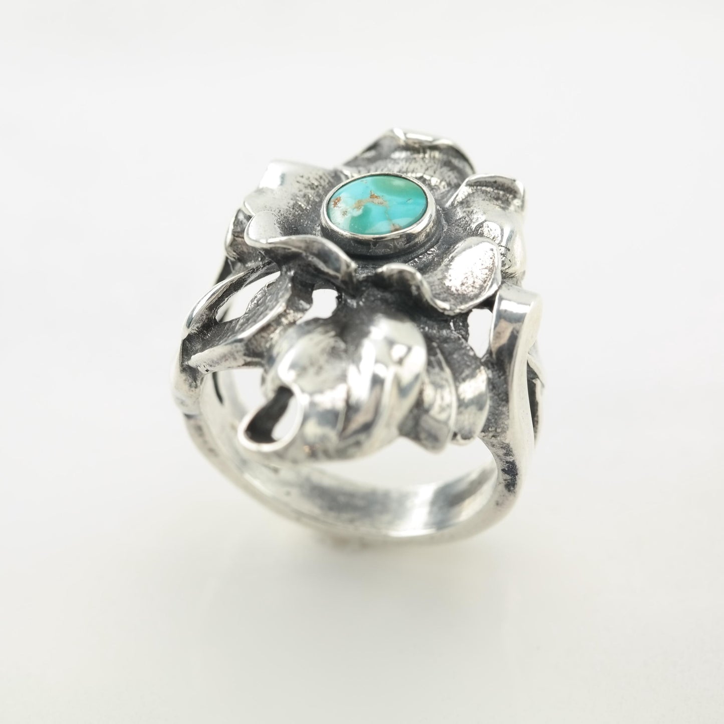 Vintage Southwest Silver Ring Turquoise Flower Sterling Blue Size 6 3/4
