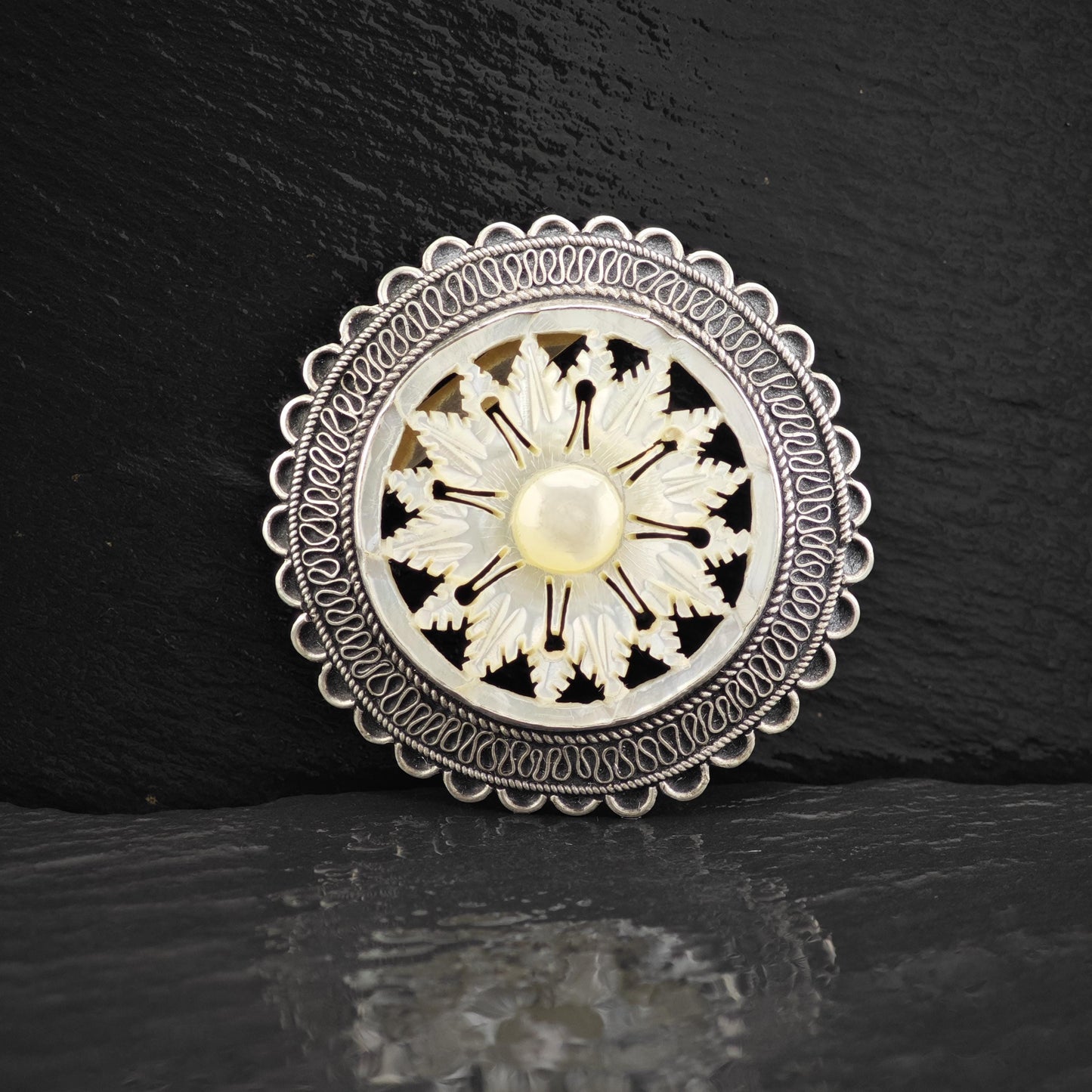 Jerusalem Snowflake, Carved MOP Brooch Pendant Sterling Silver