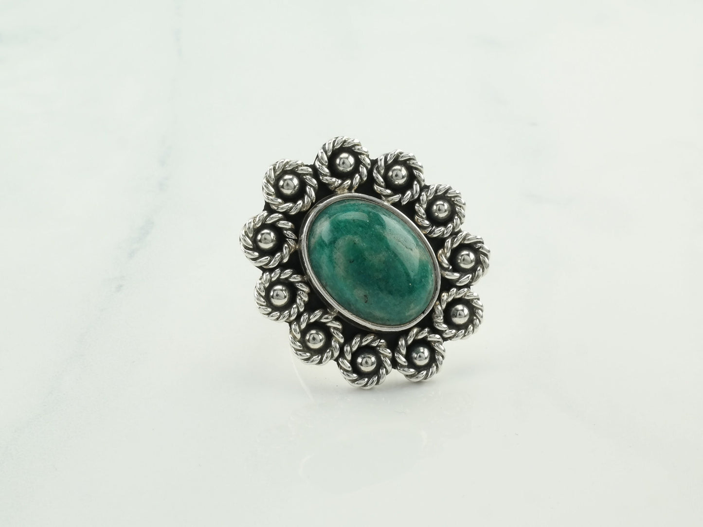 Taxco Silver Ring Turquoise Floral Sterling Green Size 6-6 1/4