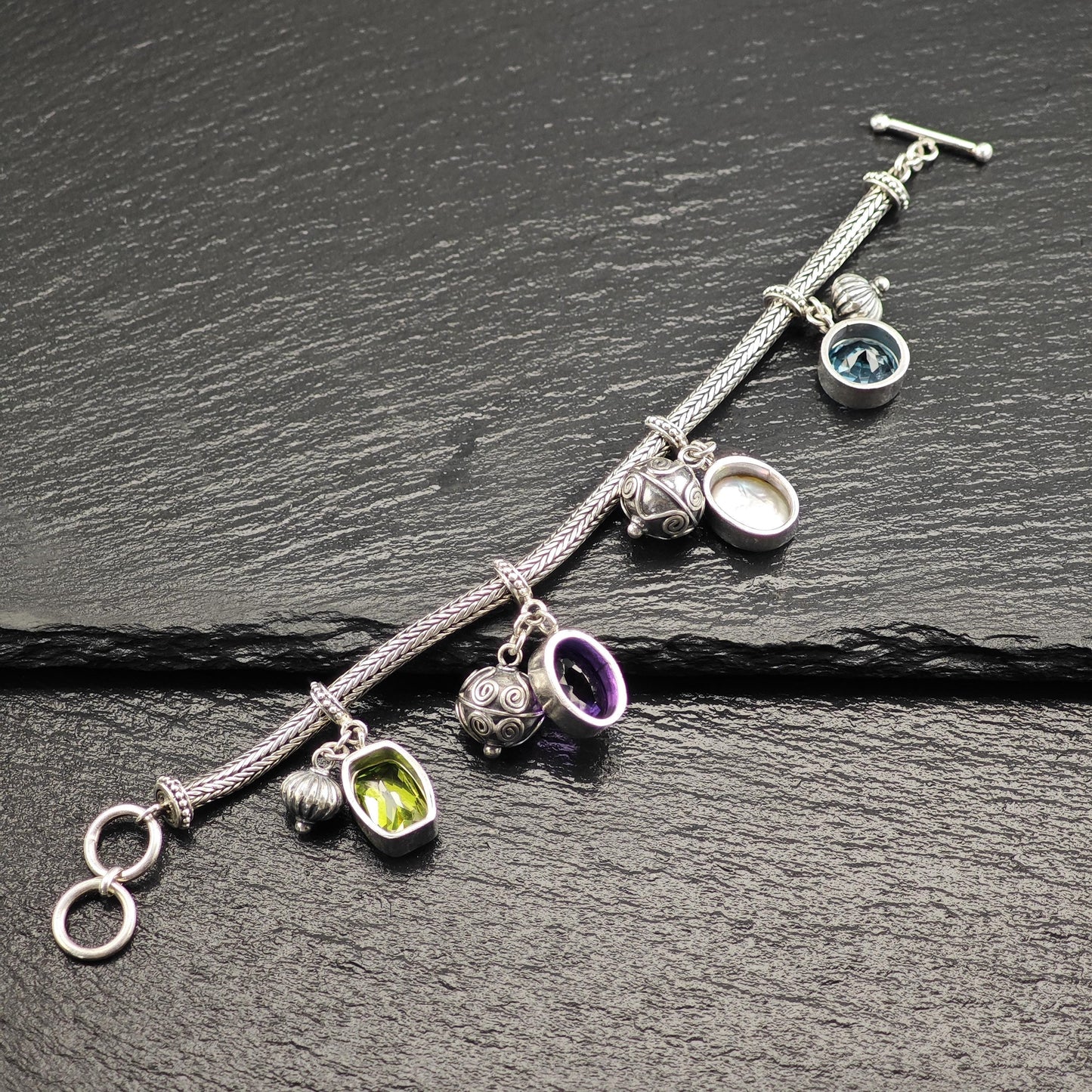 Vintage Topaz, Amethyst, Pearl, Charm Bracelet Sterling Silver